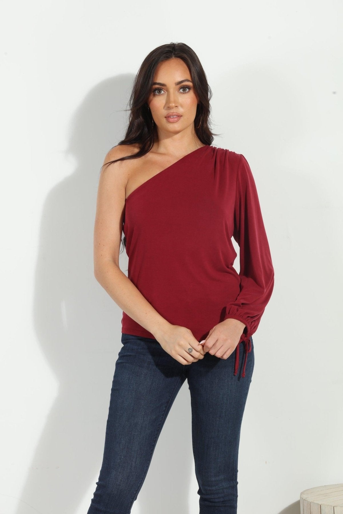Burgundy Cupro One Shoulder Asymmetrical Top-FINAL SALE