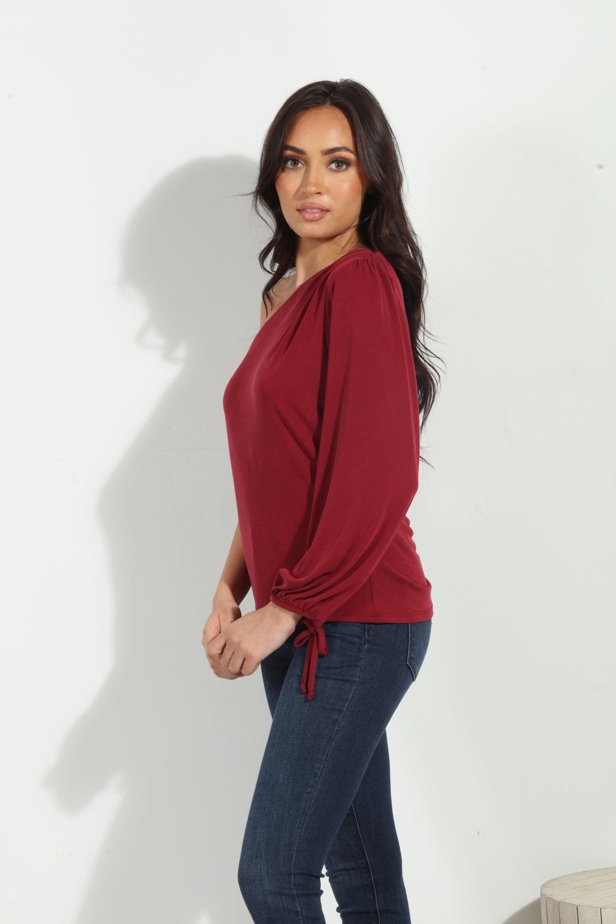 Burgundy Cupro One Shoulder Asymmetrical Top-FINAL SALE