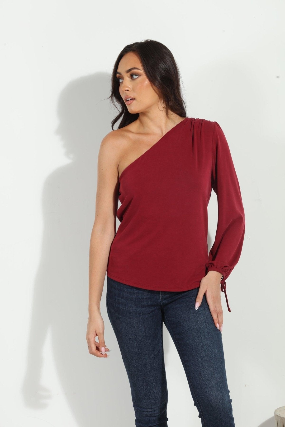 Burgundy Cupro One Shoulder Asymmetrical Top-FINAL SALE