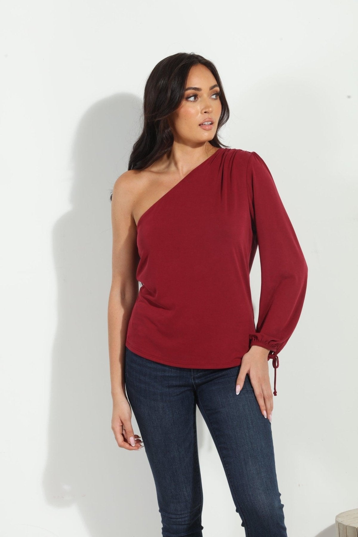 Burgundy Cupro One Shoulder Asymmetrical Top-FINAL SALE