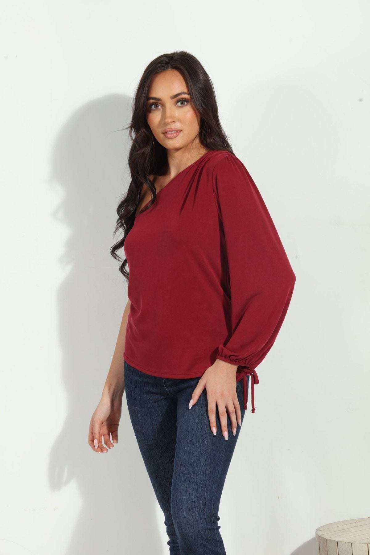 Burgundy Cupro One Shoulder Asymmetrical Top-FINAL SALE