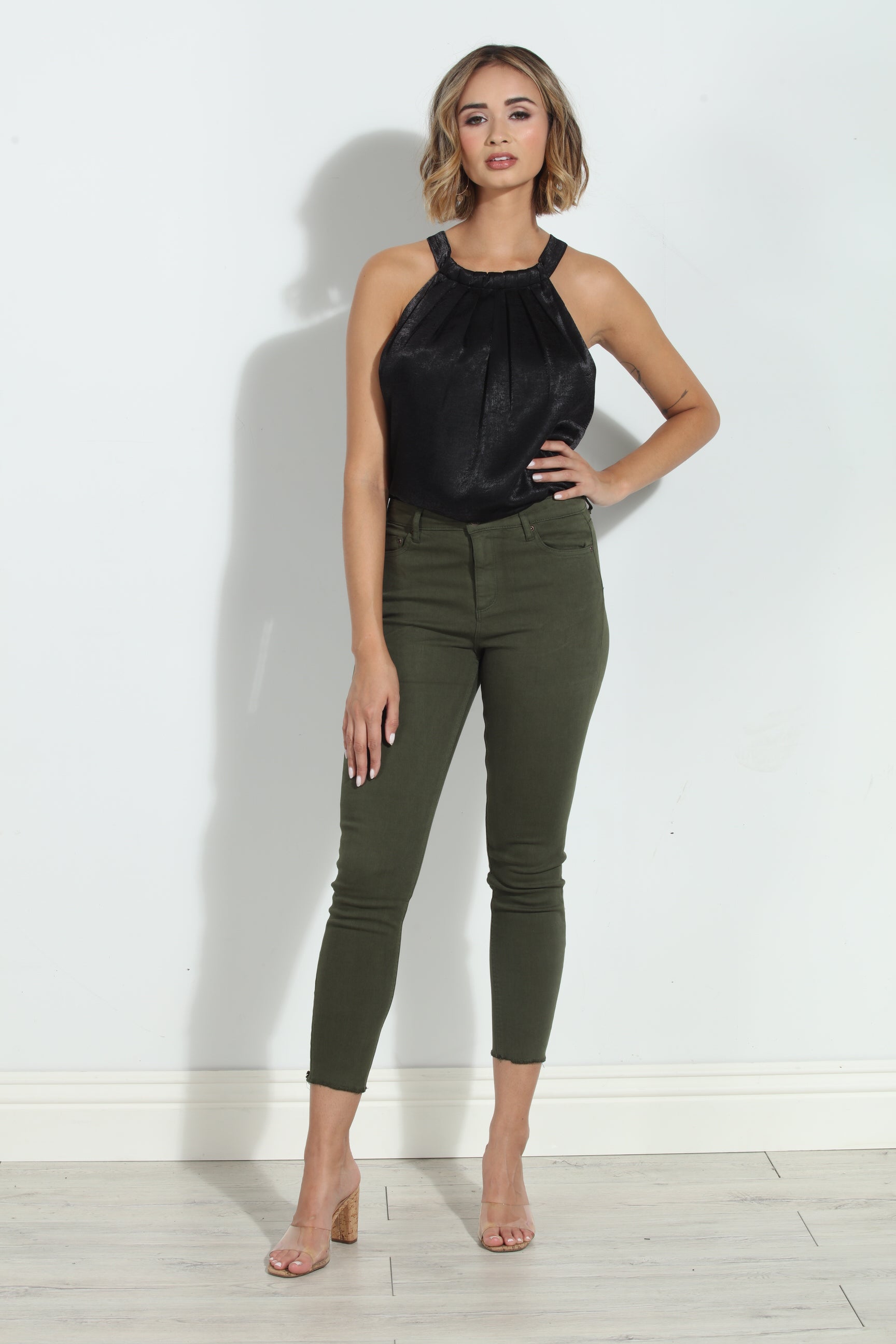 Tractr Mona High Rise Crop Fray Jeans - Olive-FINAL SALE