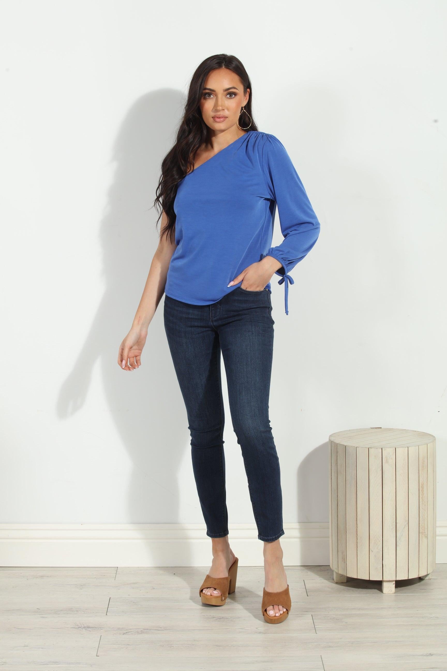 Royal Cupro One Shoulder Asymmetrical Top-FINAL SALE
