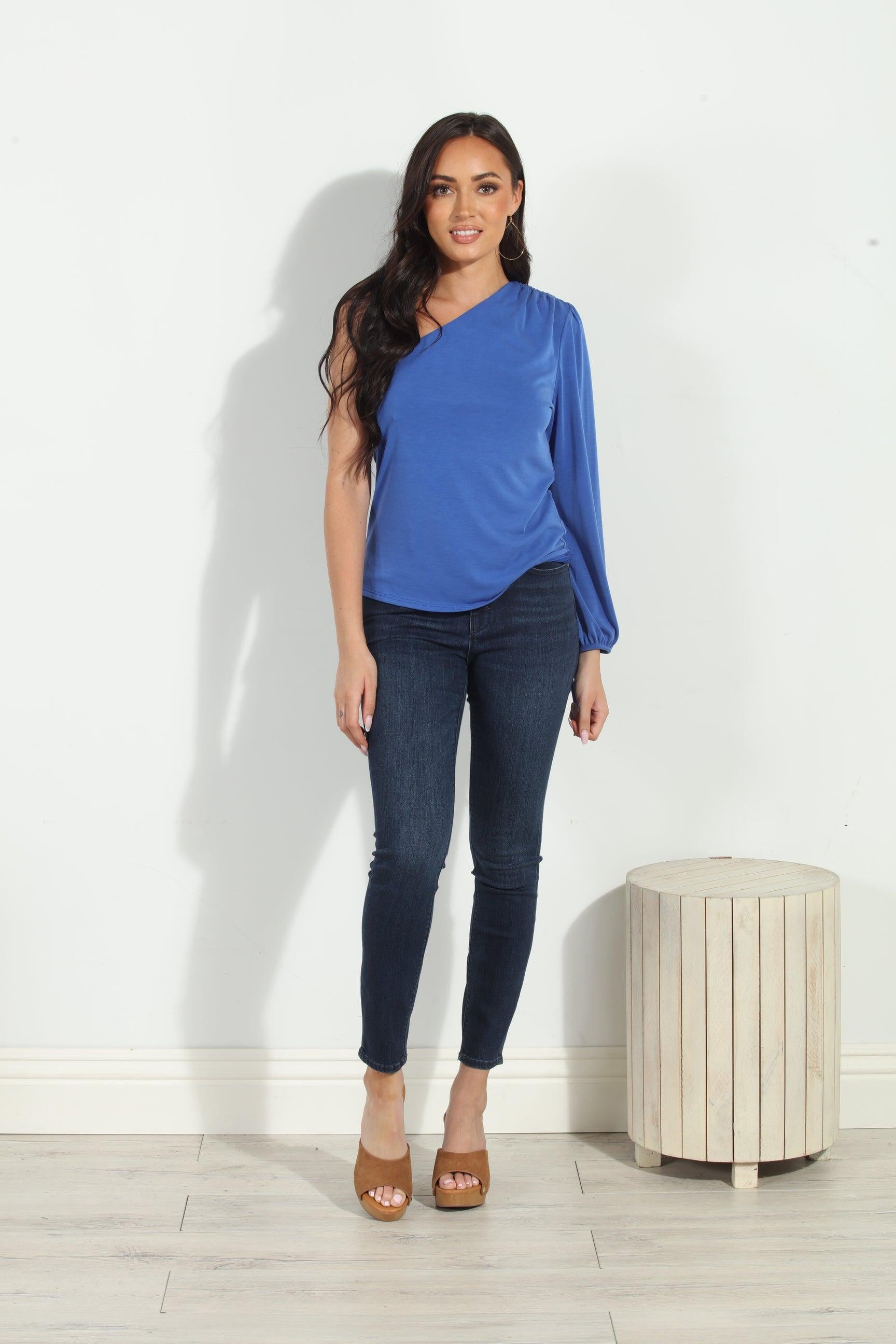 Royal Cupro One Shoulder Asymmetrical Top-FINAL SALE