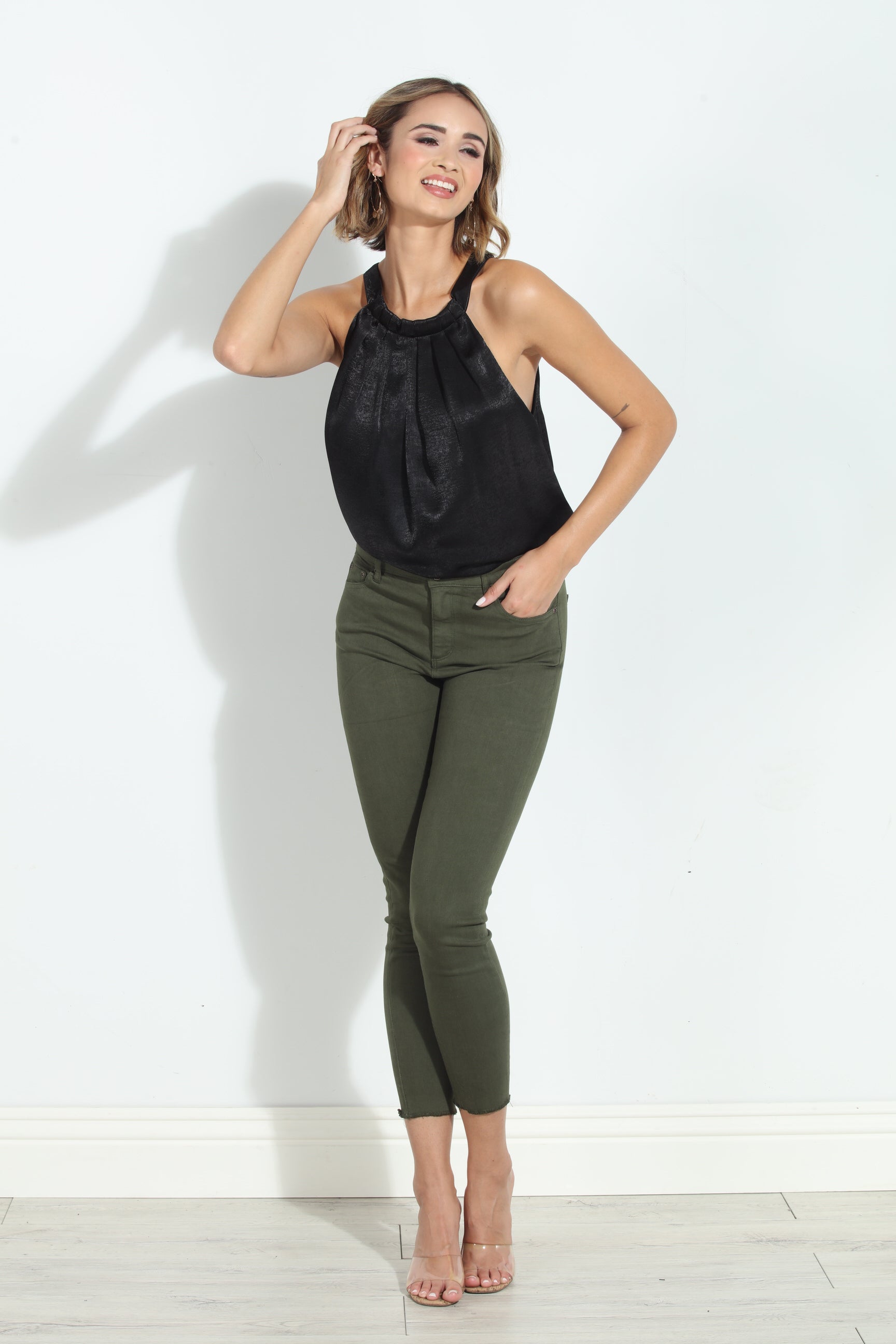 Tractr Mona High Rise Crop Fray Jeans - Olive-FINAL SALE