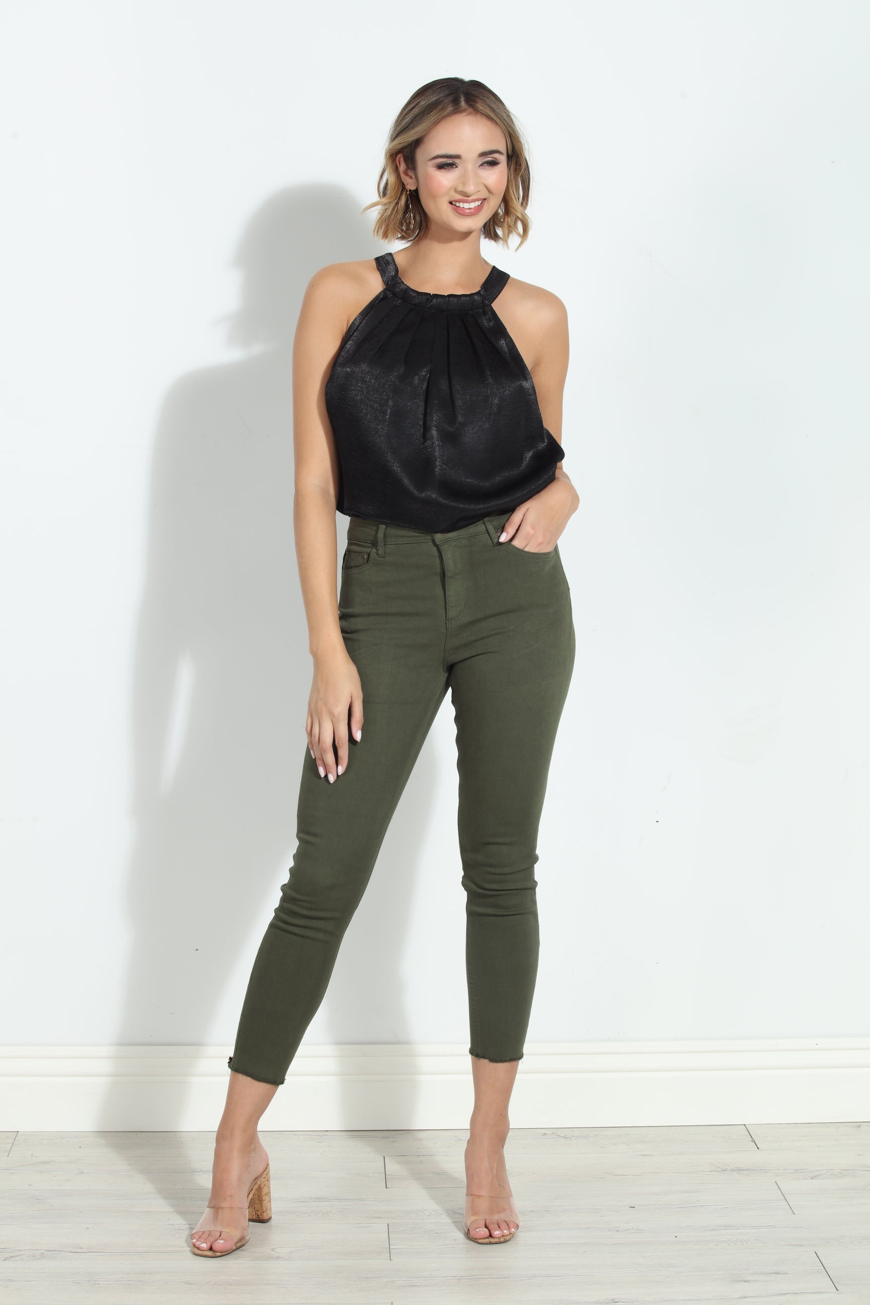 Tractr Mona High Rise Crop Fray Jeans - Olive-FINAL SALE