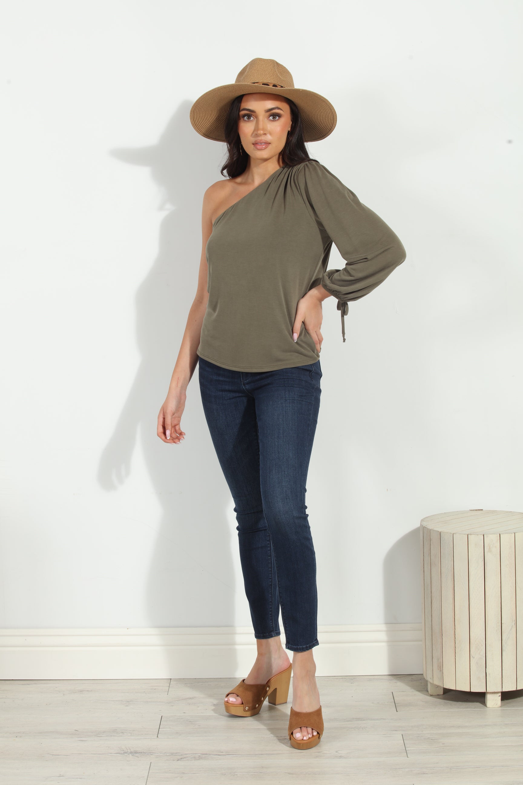 Olive Cupro One Shoulder Asymmetrical Top