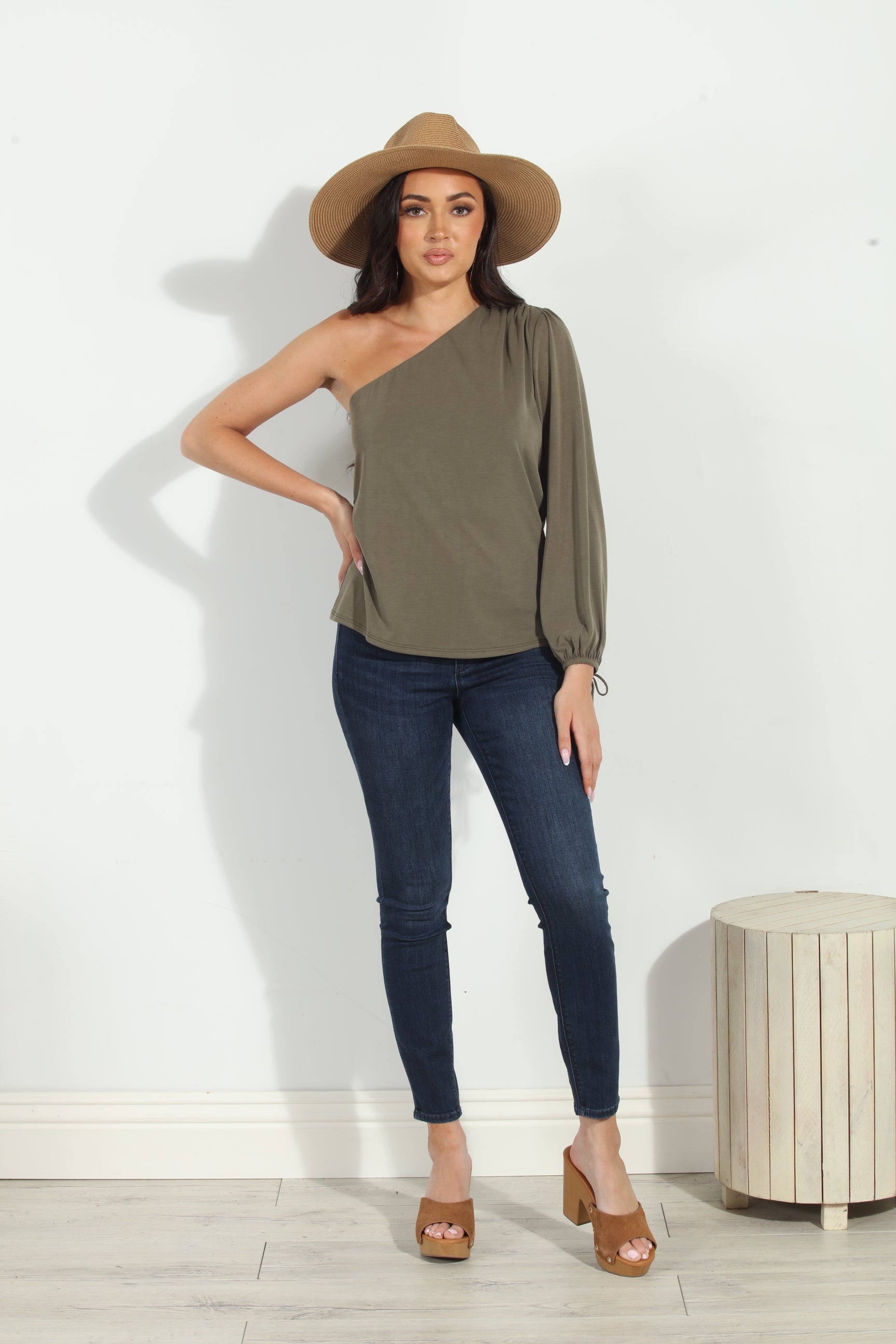 Olive Cupro One Shoulder Asymmetrical Top