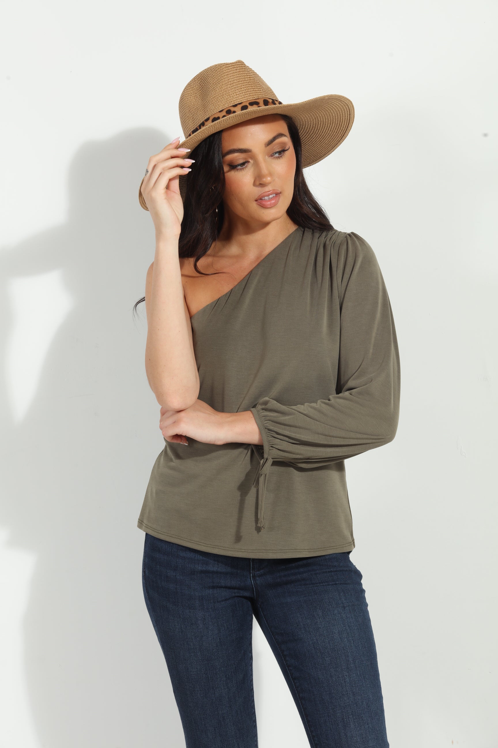 Olive Cupro One Shoulder Asymmetrical Top