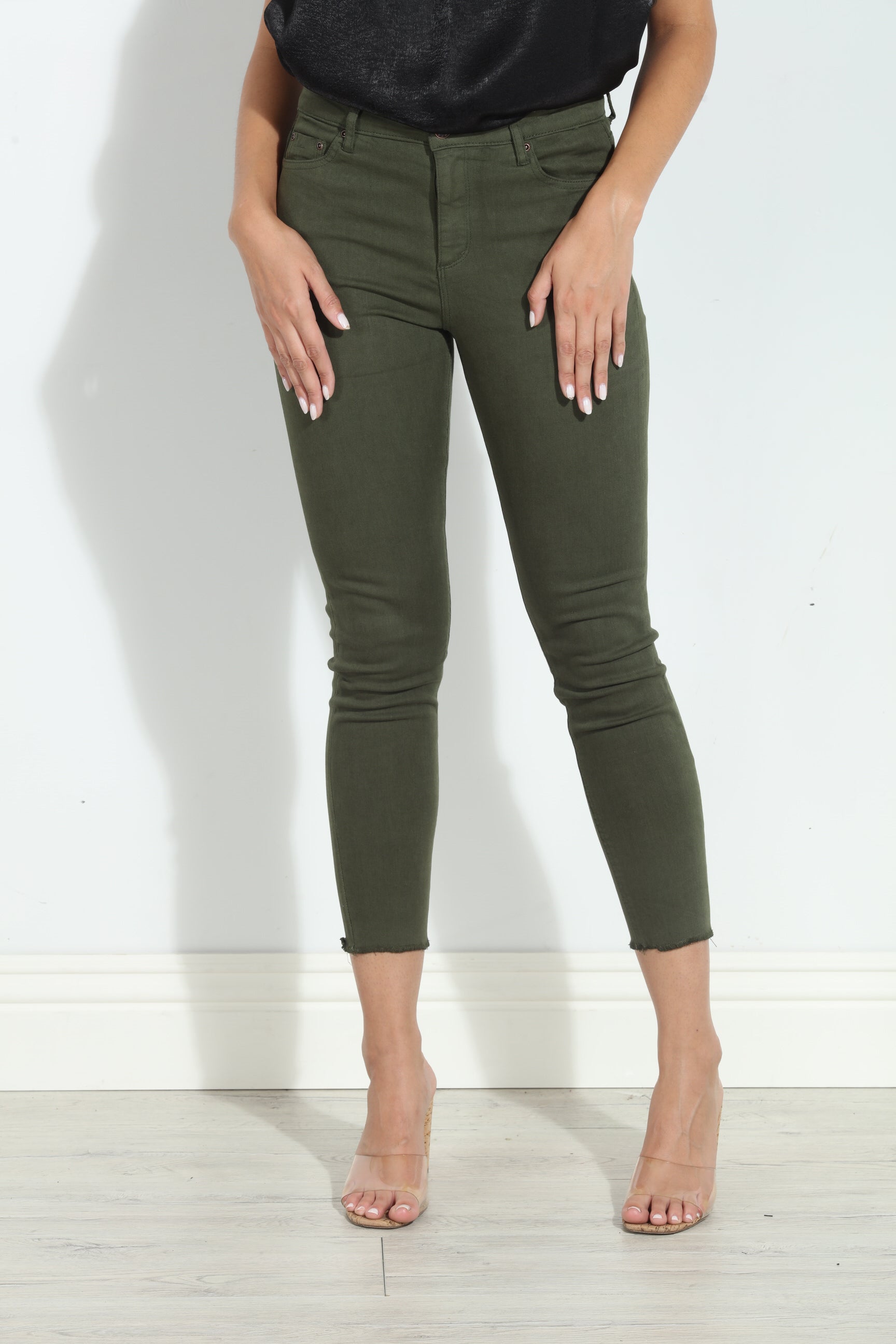 Tractr Mona High Rise Crop Fray Jeans - Olive-FINAL SALE