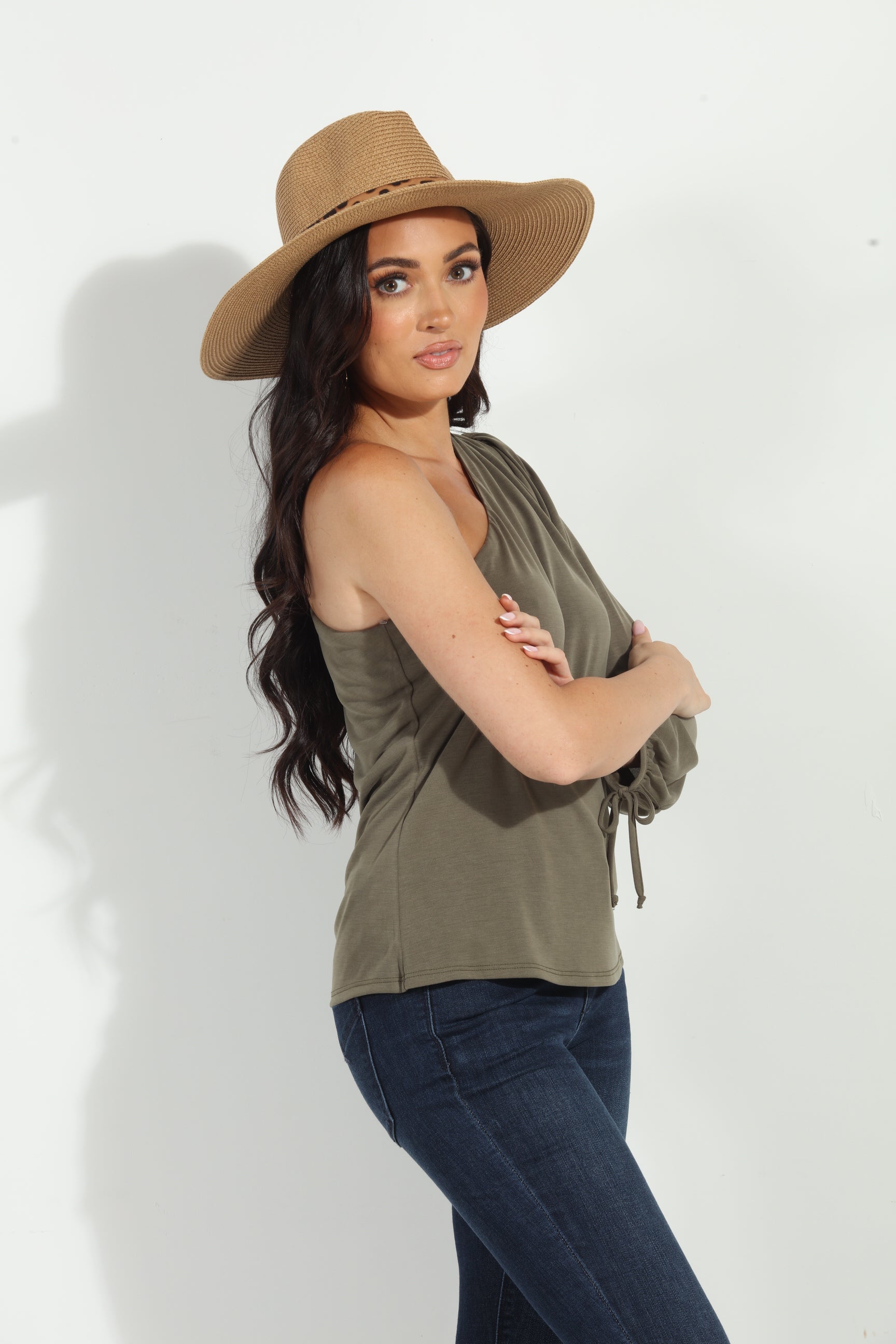 Olive Cupro One Shoulder Asymmetrical Top