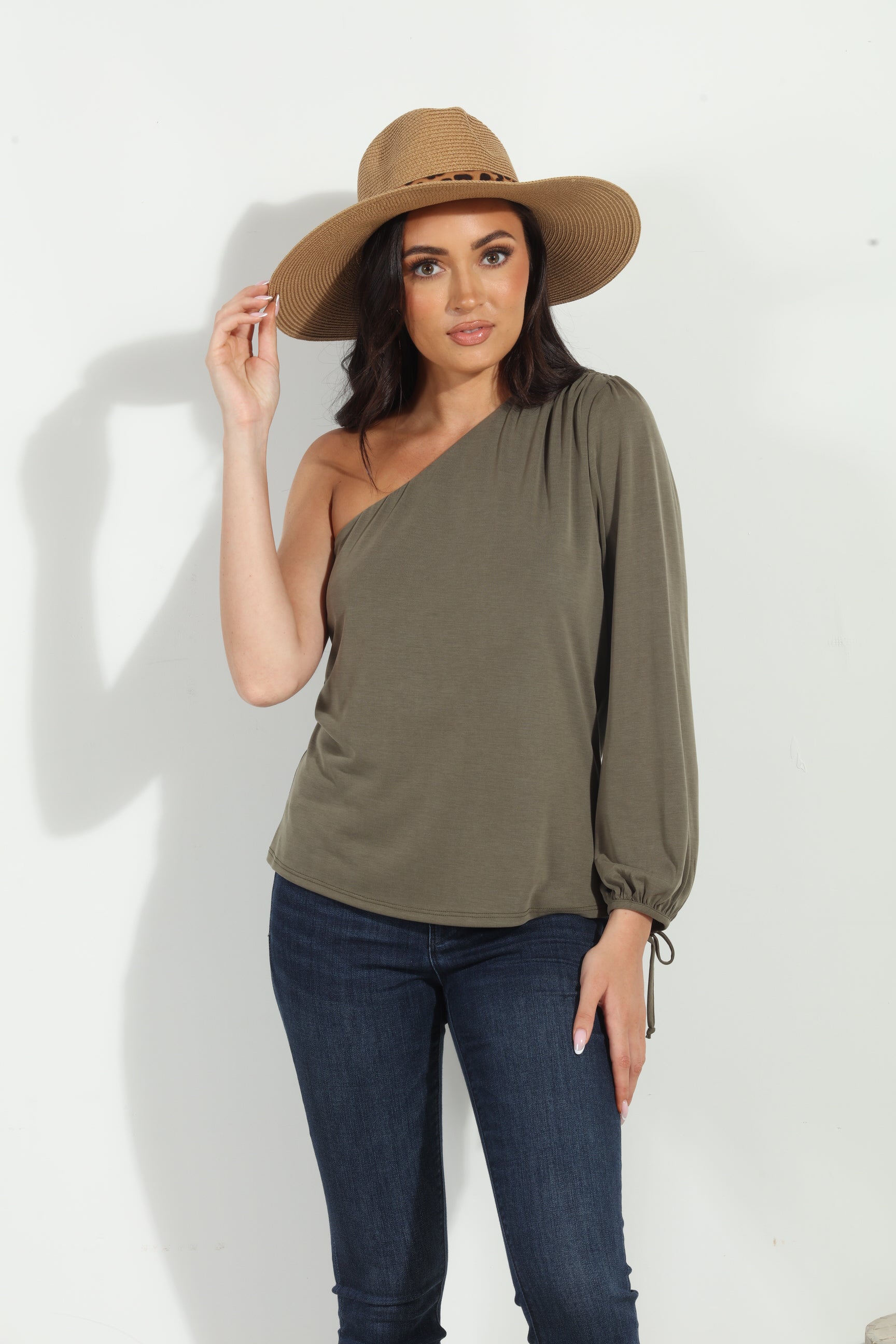 Olive Cupro One Shoulder Asymmetrical Top