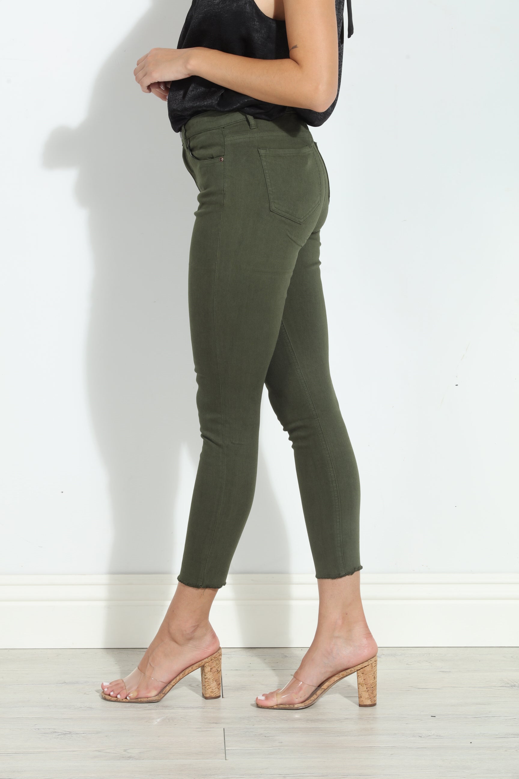 Tractr Mona High Rise Crop Fray Jeans - Olive-FINAL SALE