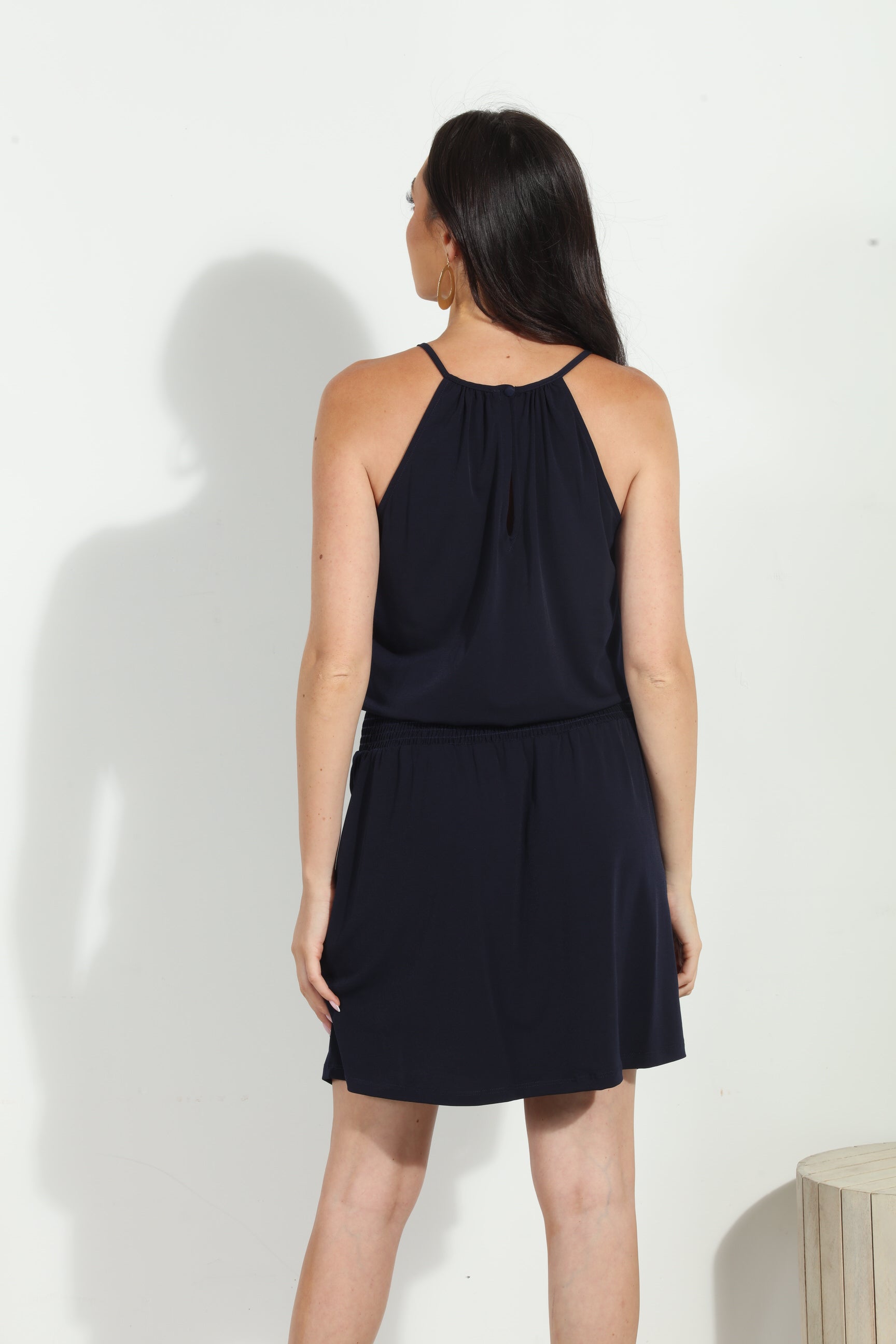 Navy ITY Smocked Halter Dress