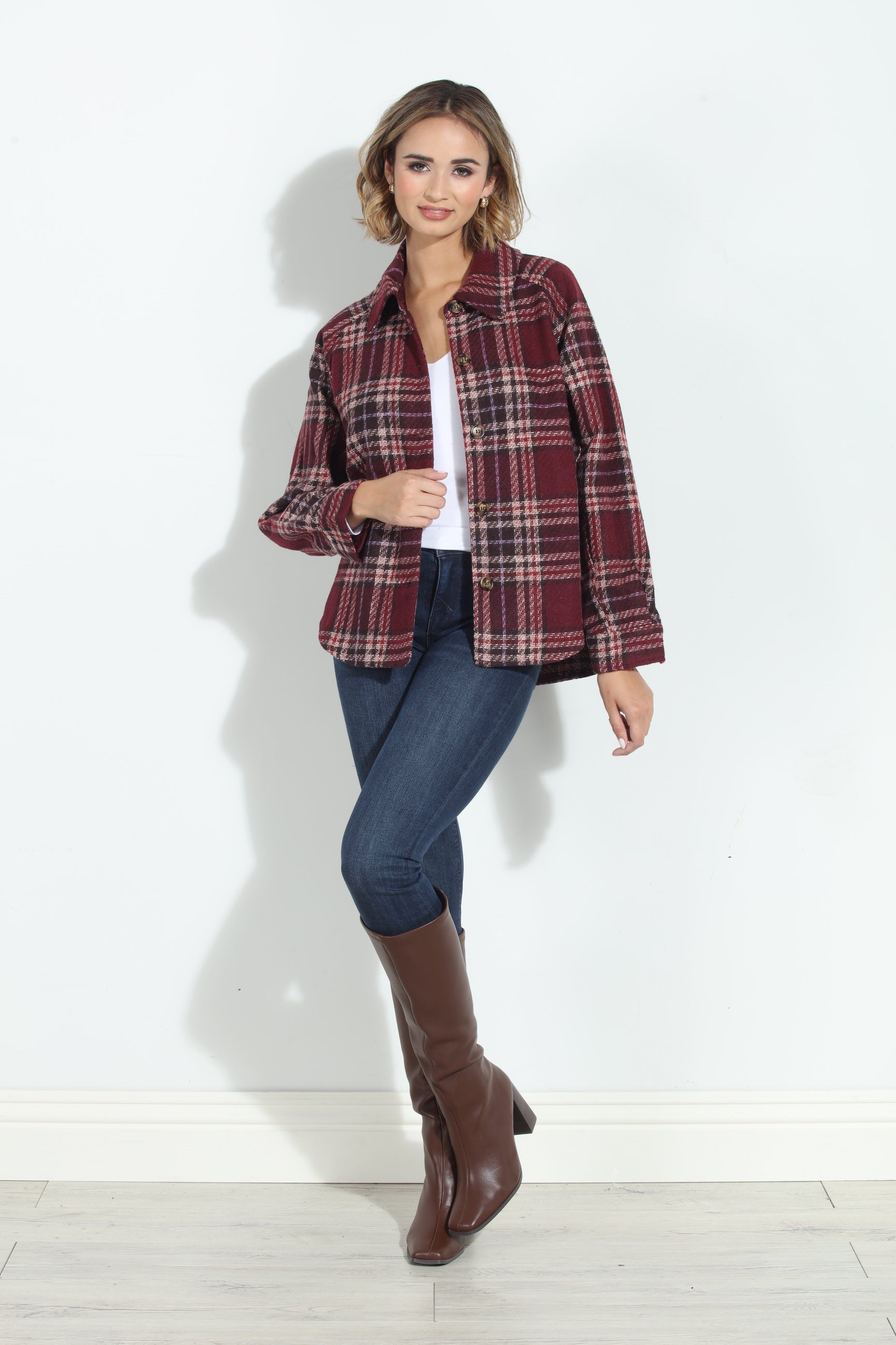 Mystree Wine Plaid Shacket-BEST SELLER