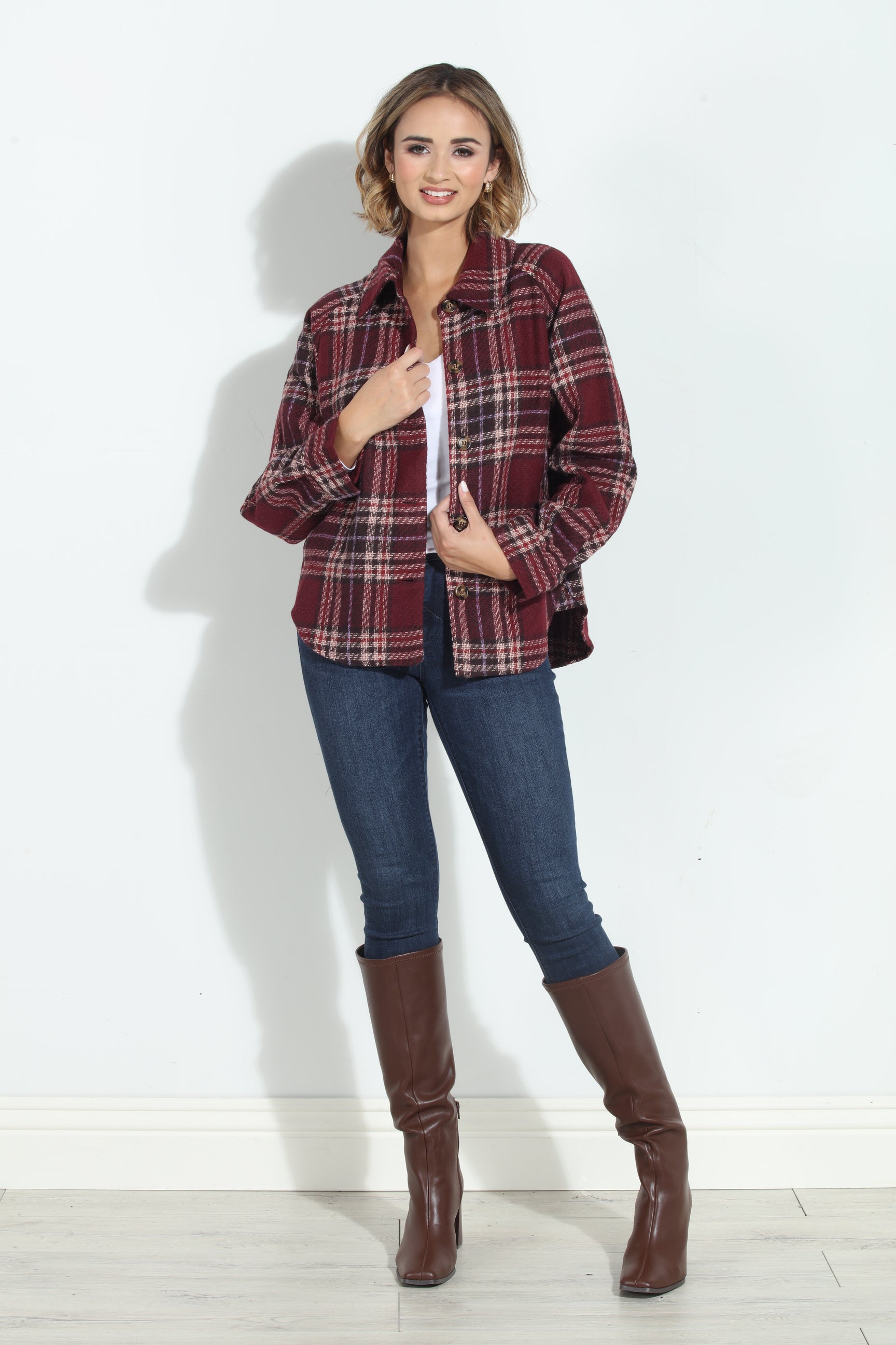 Mystree Wine Plaid Shacket-BEST SELLER