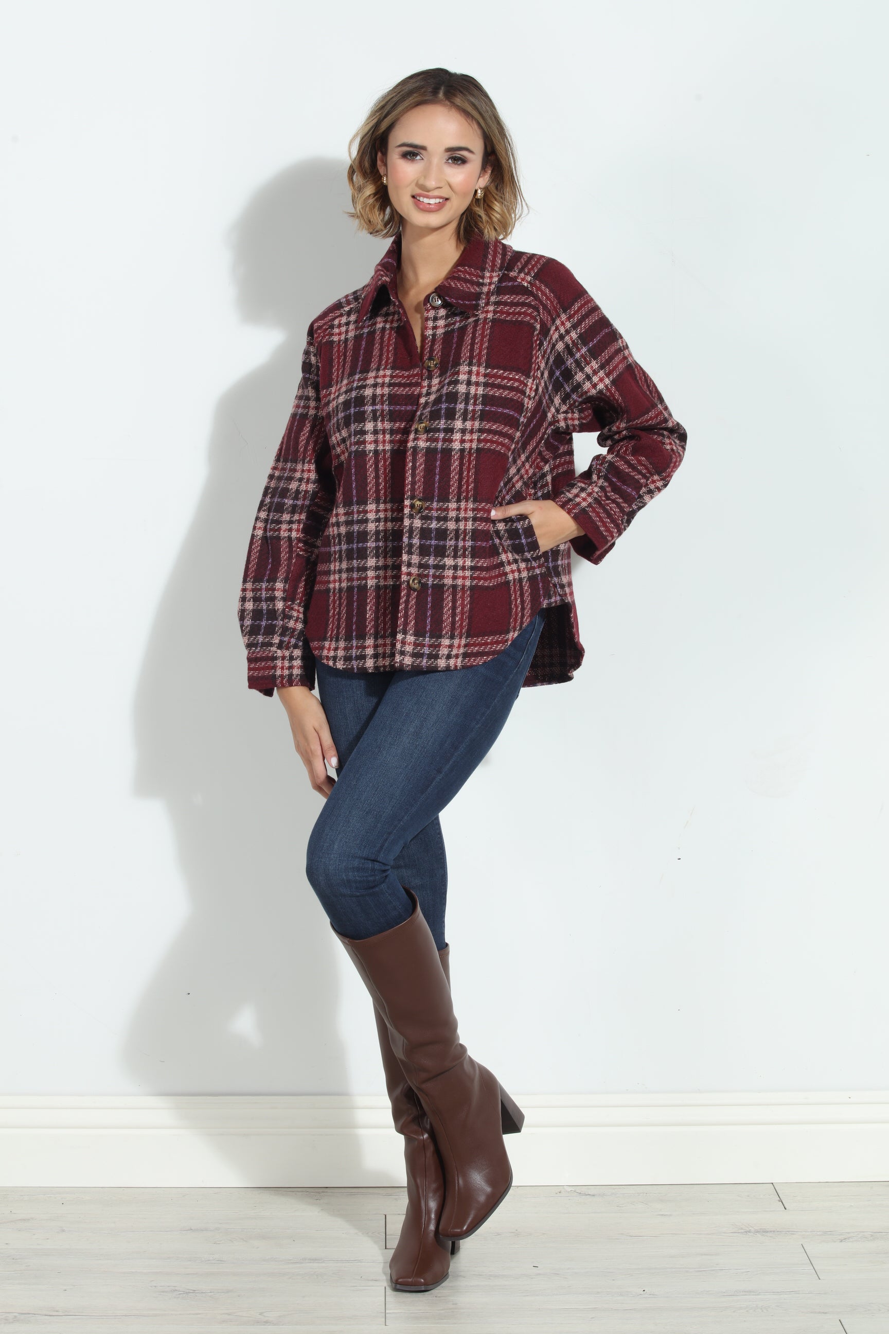 Mystree Wine Plaid Shacket-BEST SELLER