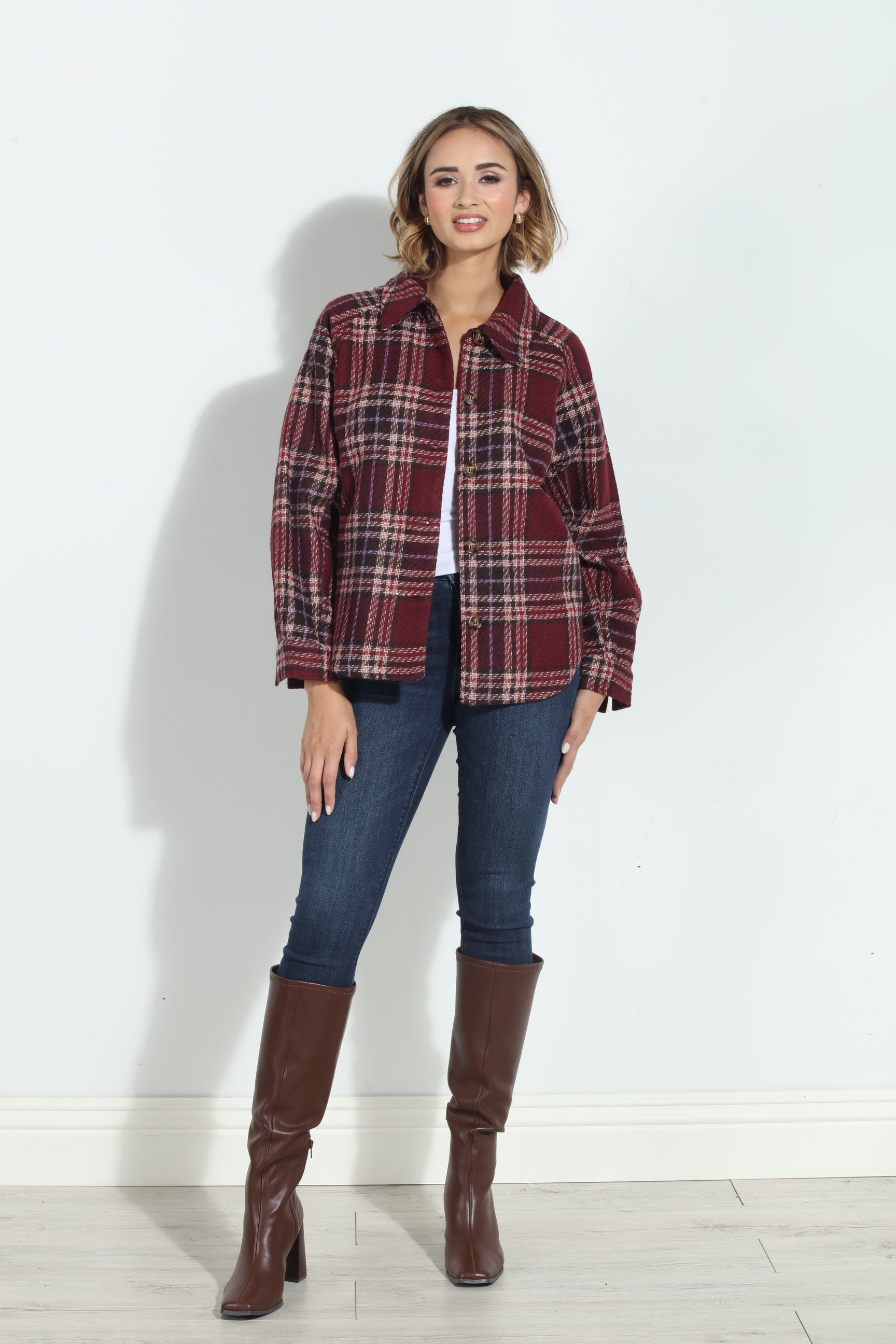 Mystree Wine Plaid Shacket-BEST SELLER