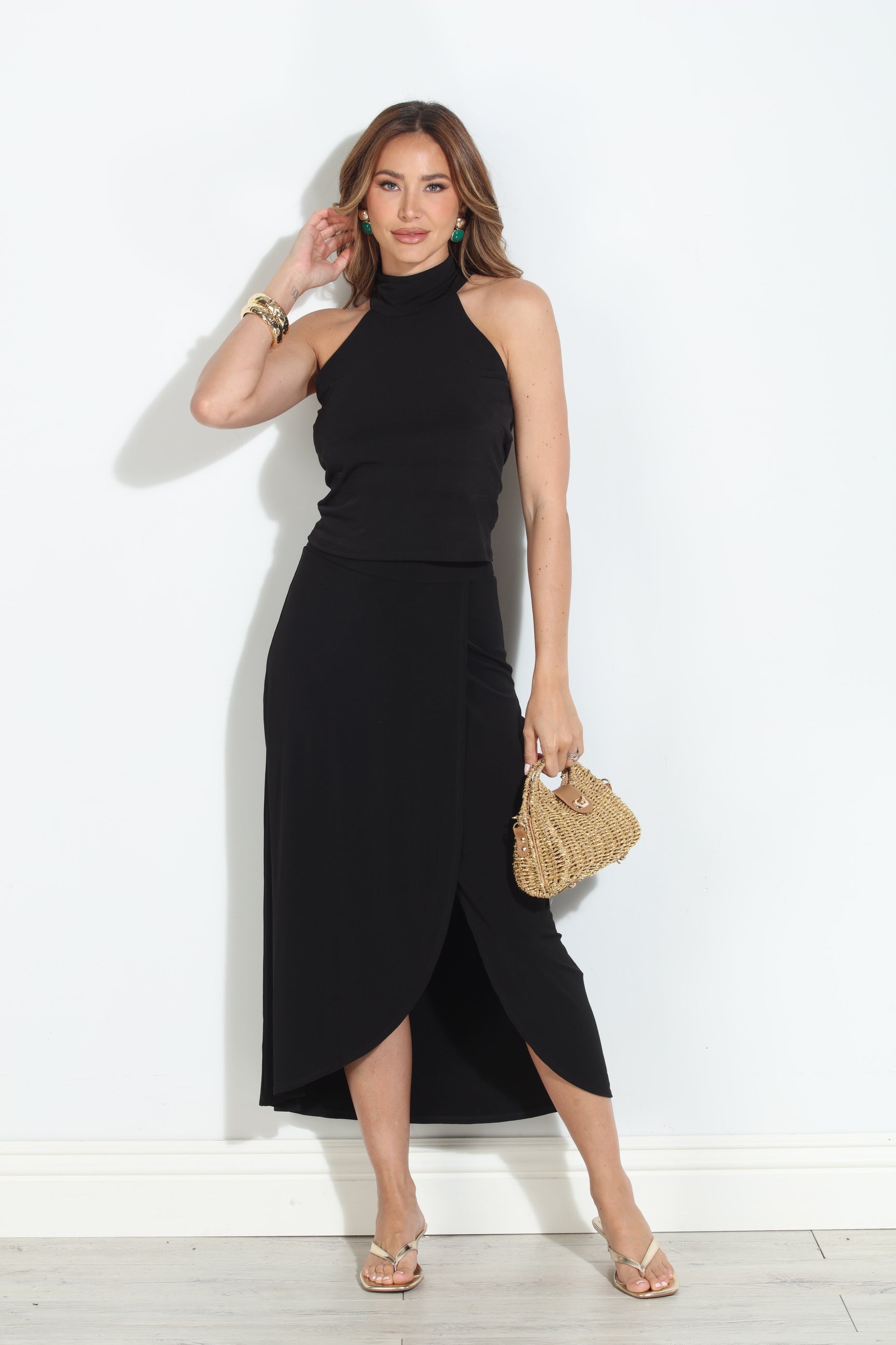 Black Faux Wrap Maxi Skirt