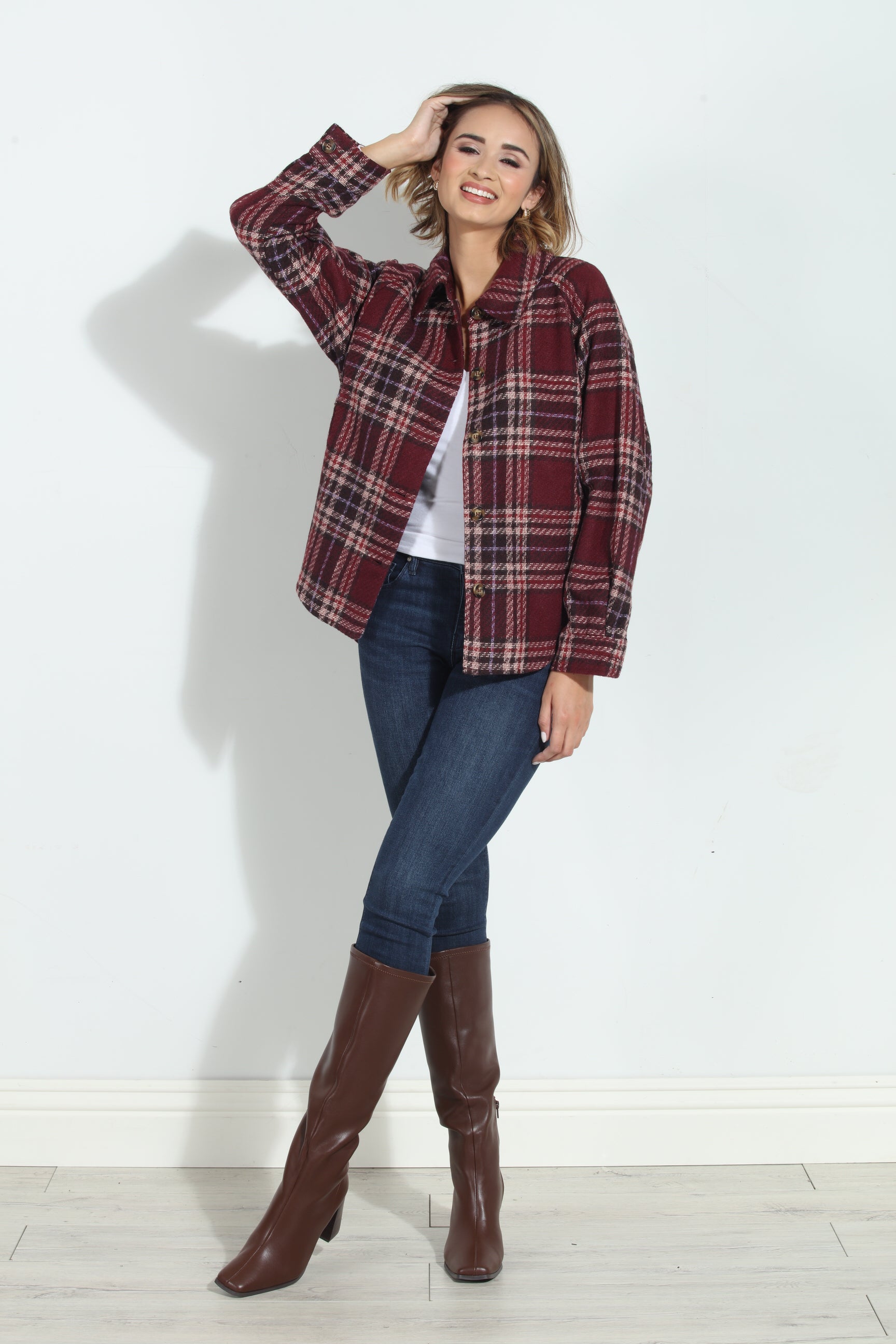Mystree Wine Plaid Shacket-BEST SELLER