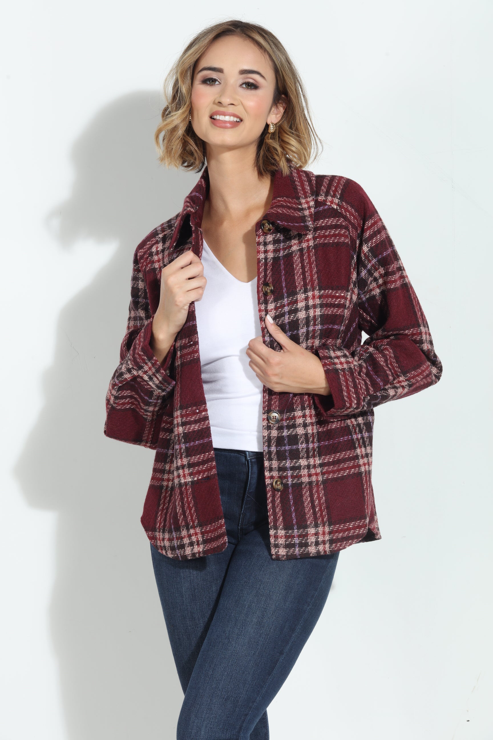 Mystree Wine Plaid Shacket-BEST SELLER