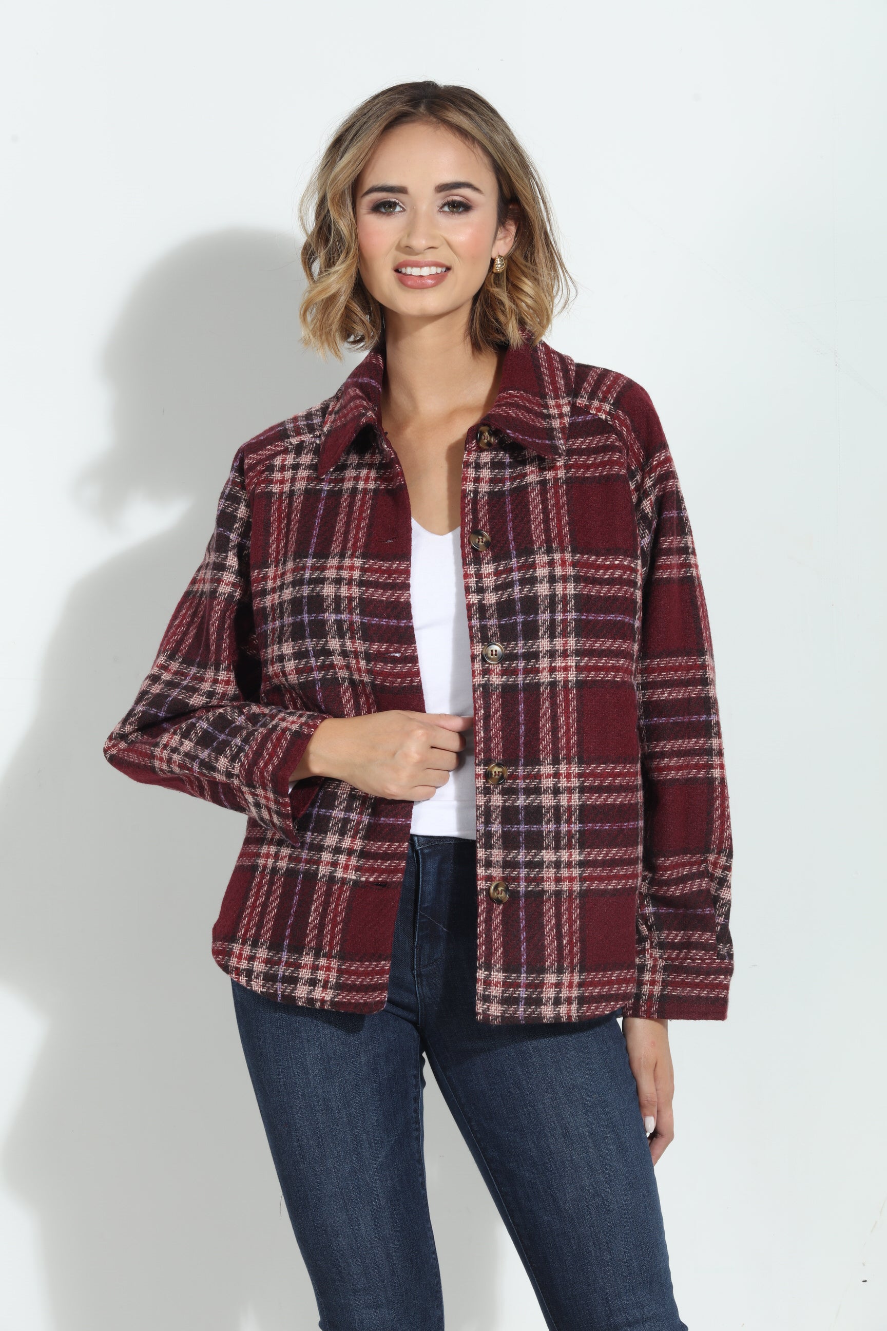 Mystree Wine Plaid Shacket-BEST SELLER