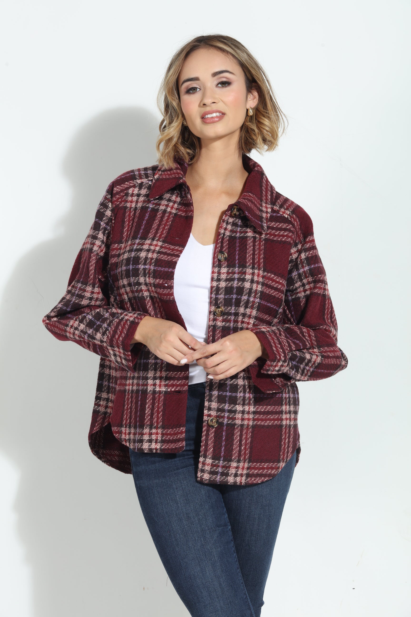 Mystree Wine Plaid Shacket-BEST SELLER