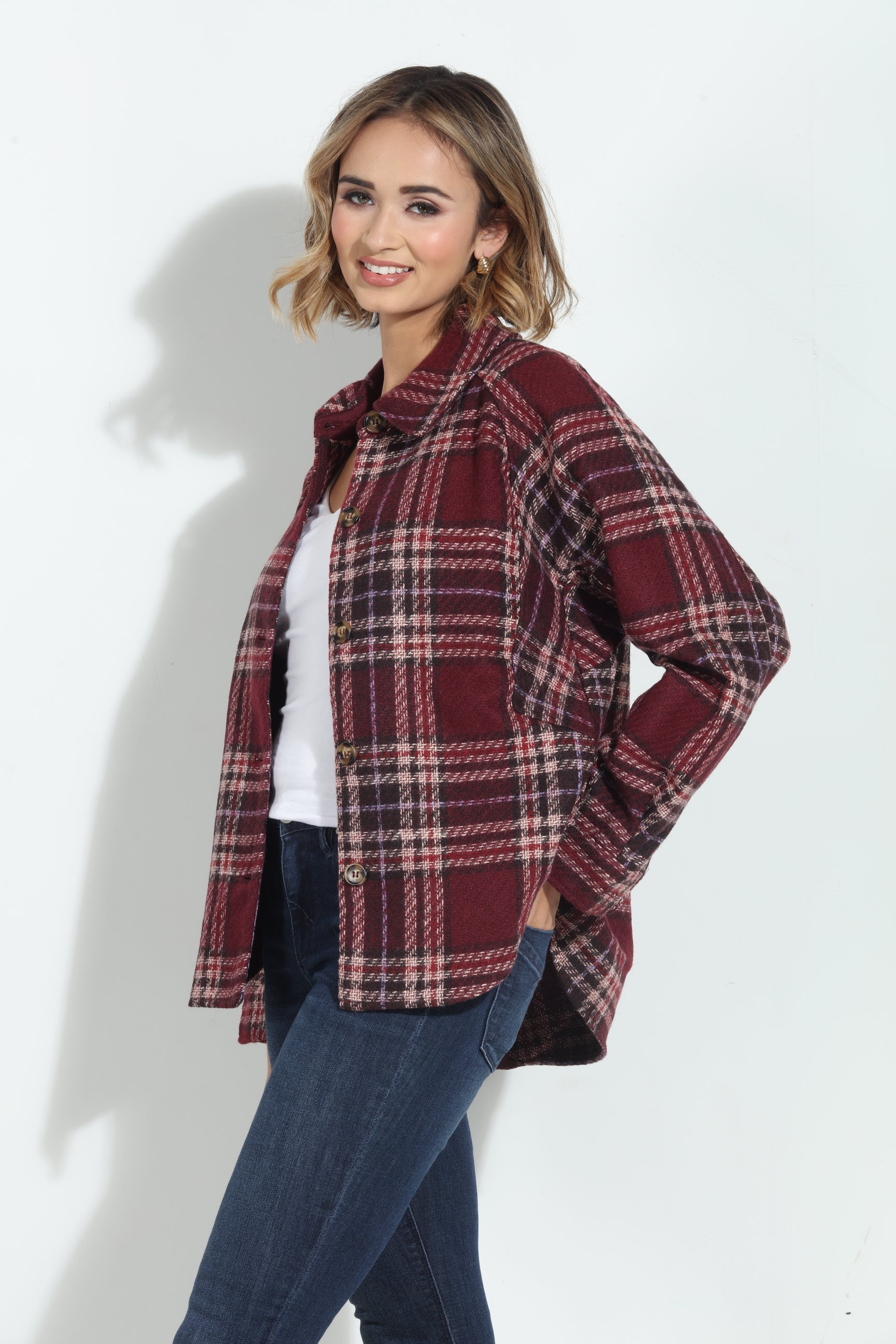 Mystree Wine Plaid Shacket-BEST SELLER