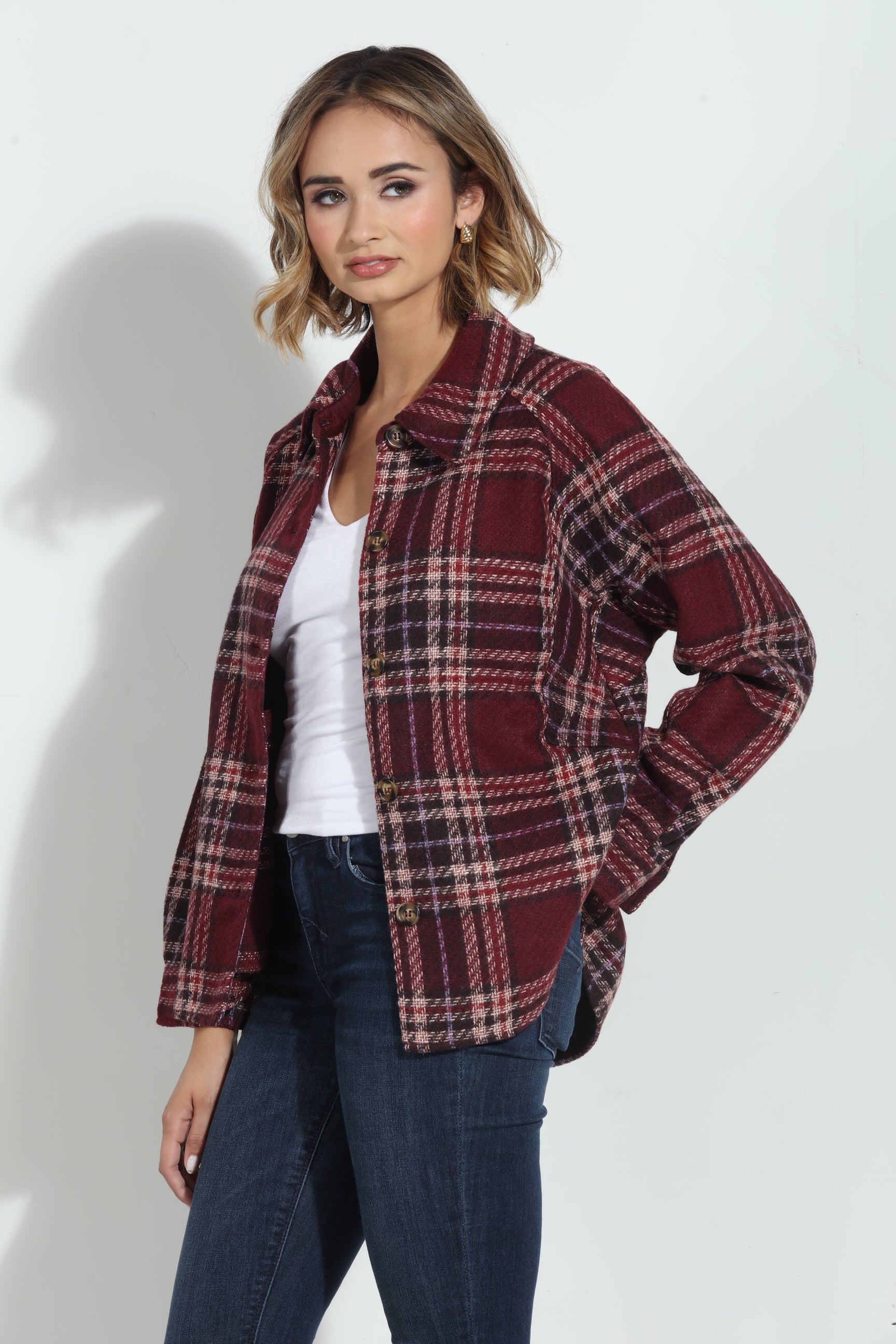 Mystree Wine Plaid Shacket-BEST SELLER
