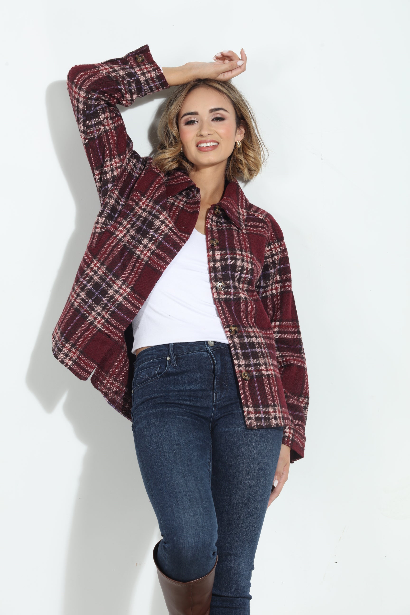 Mystree Wine Plaid Shacket-BEST SELLER