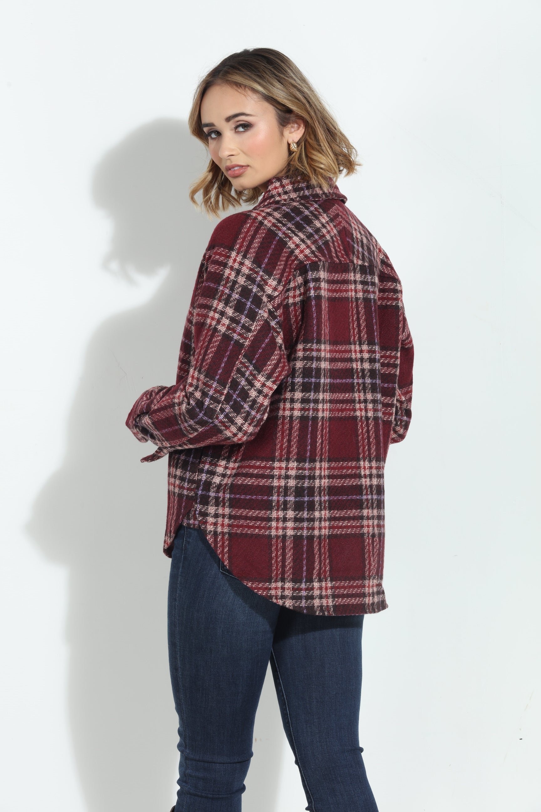 Mystree Wine Plaid Shacket-BEST SELLER