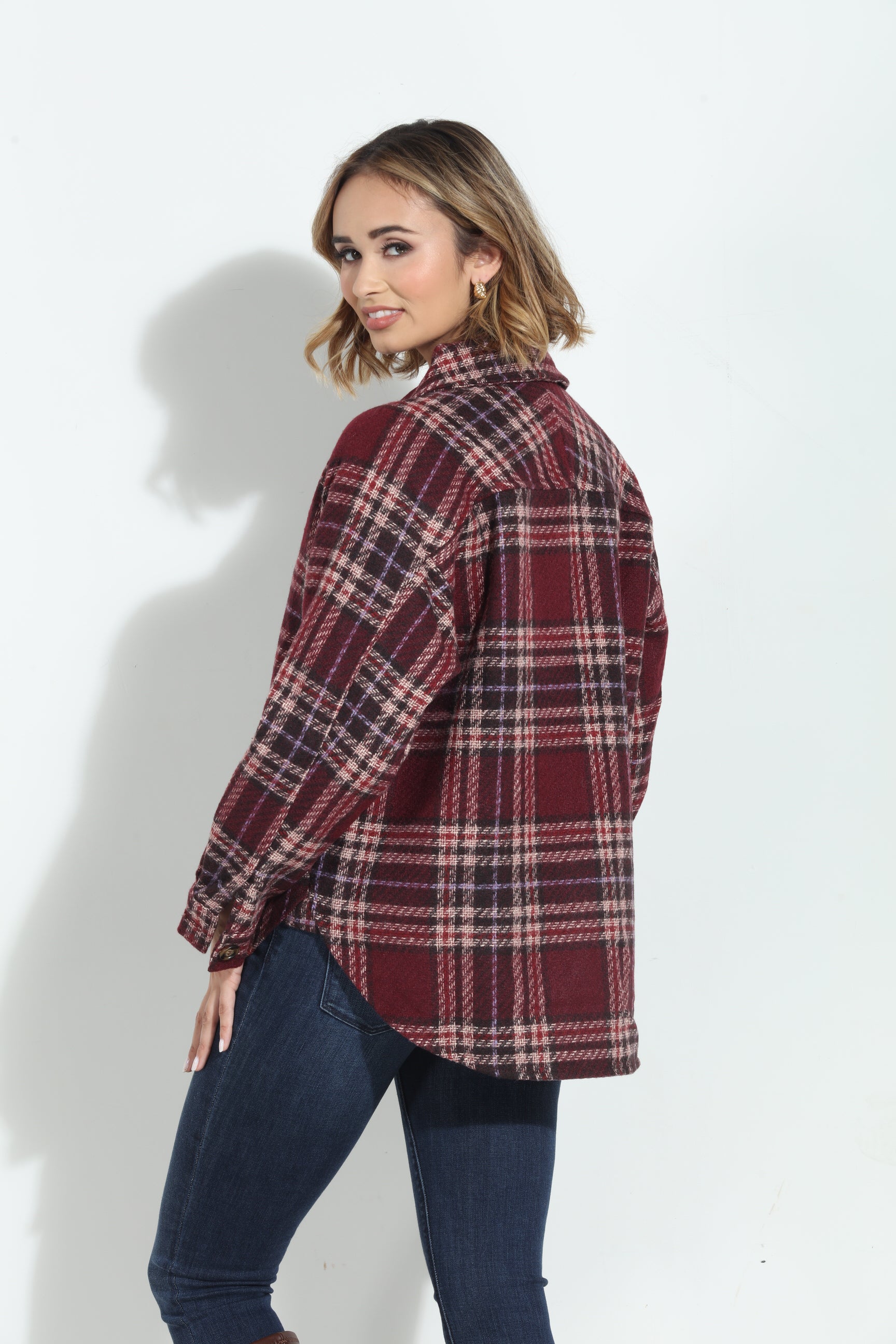 Mystree Wine Plaid Shacket-BEST SELLER
