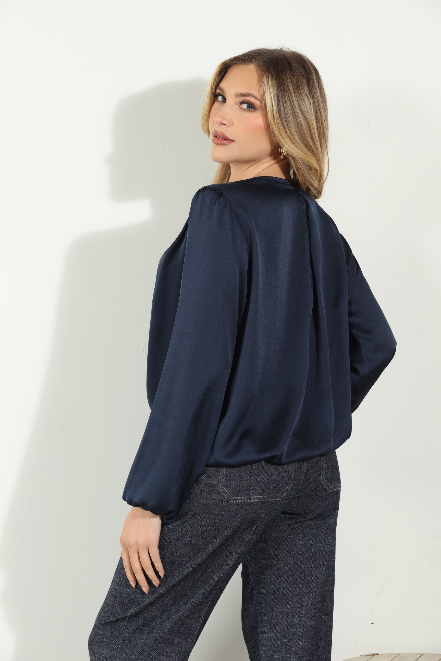 Navy Satin Surplice Pleated Top