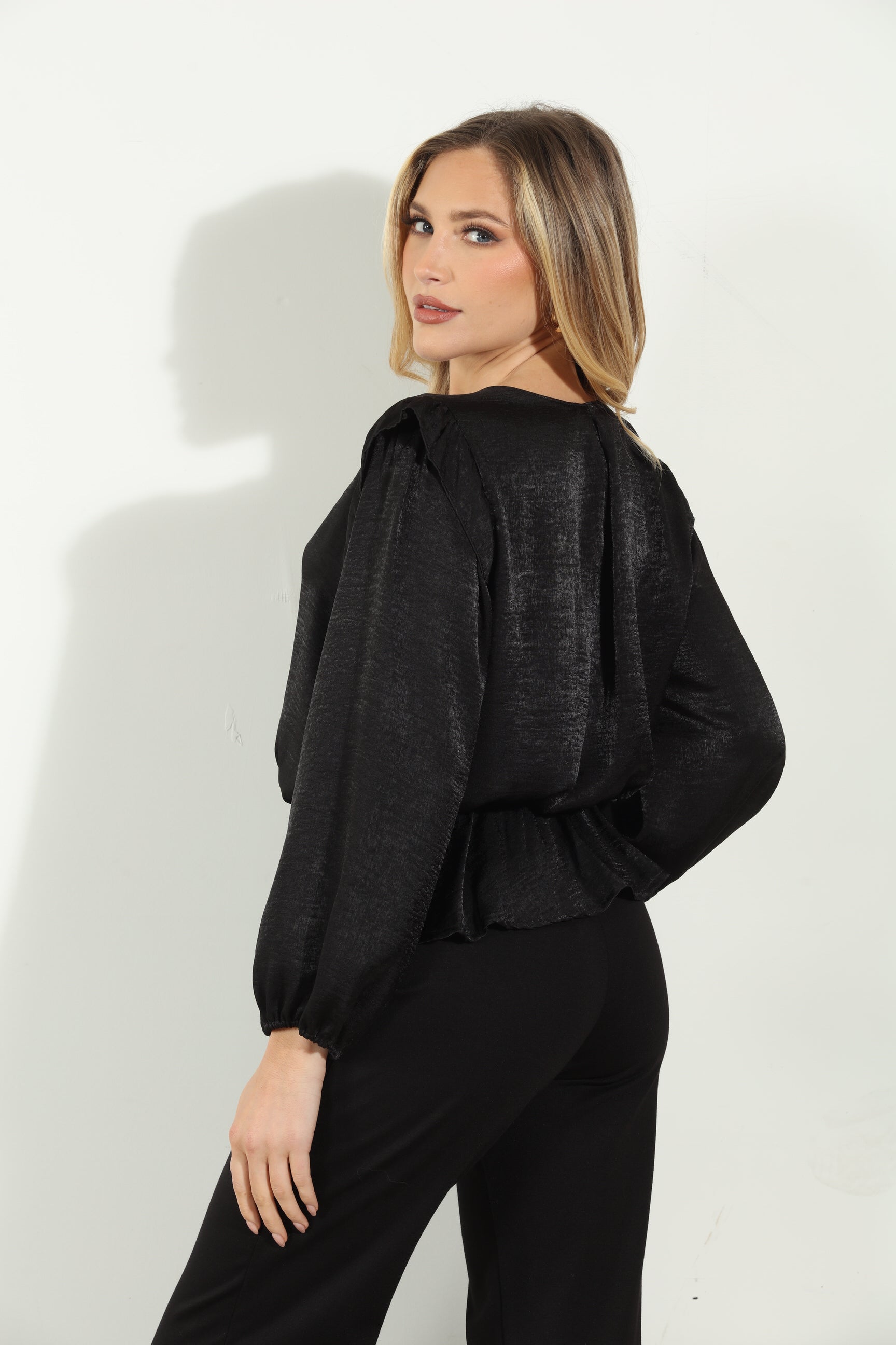 Matte Black Satin V-Neck Peplum Blouse-FINAL SALE