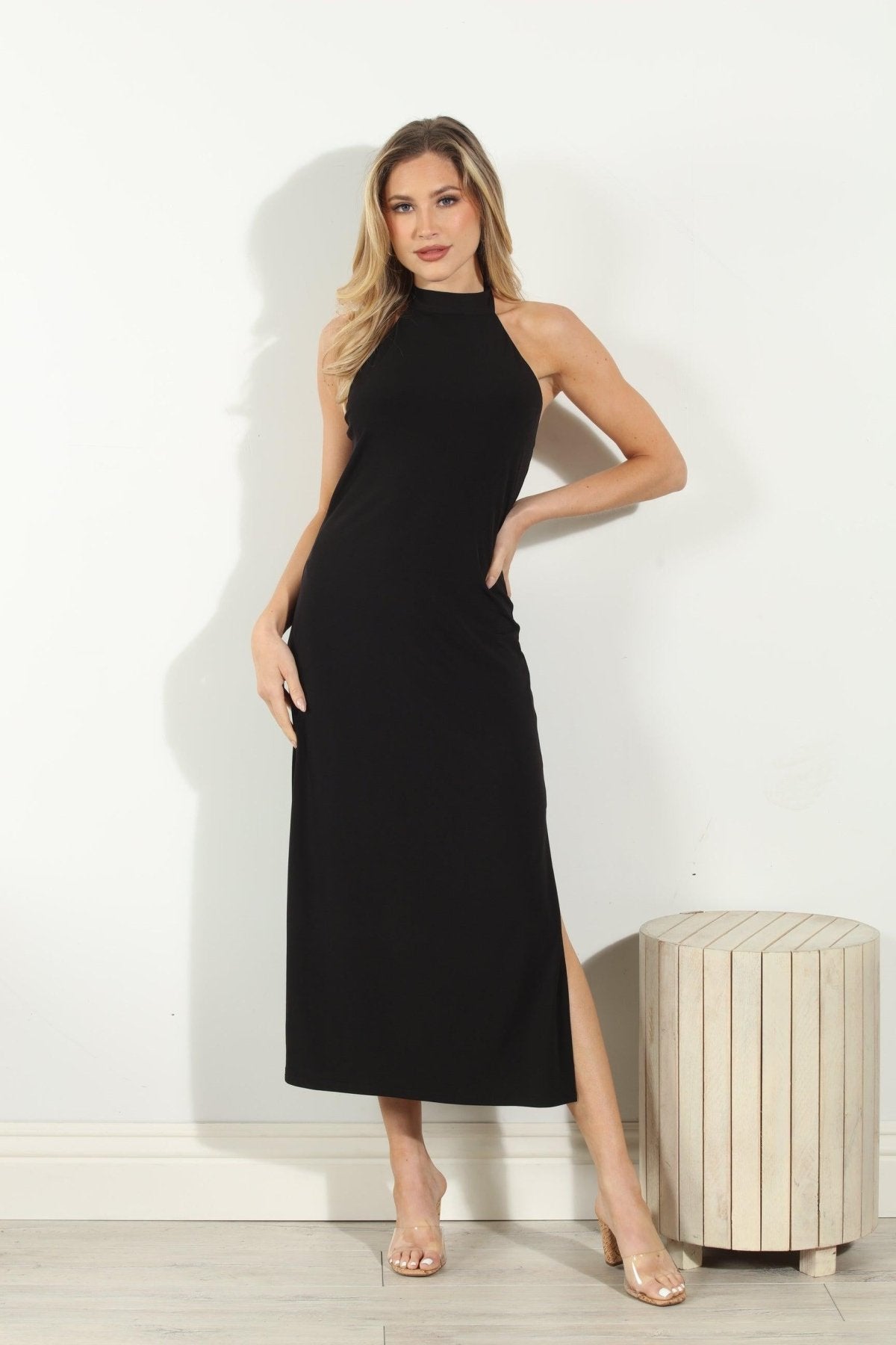 Black Halter Midi Stretch Dress