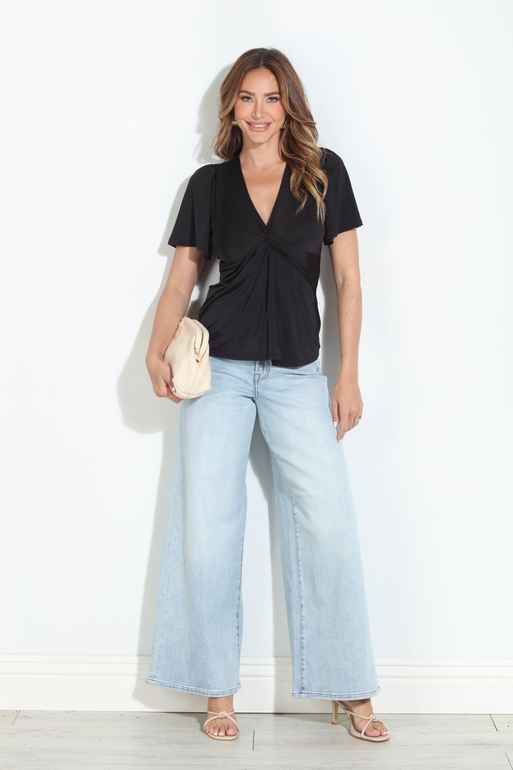 Black Venezia V-Neck Twist Tee-BEST SELLER