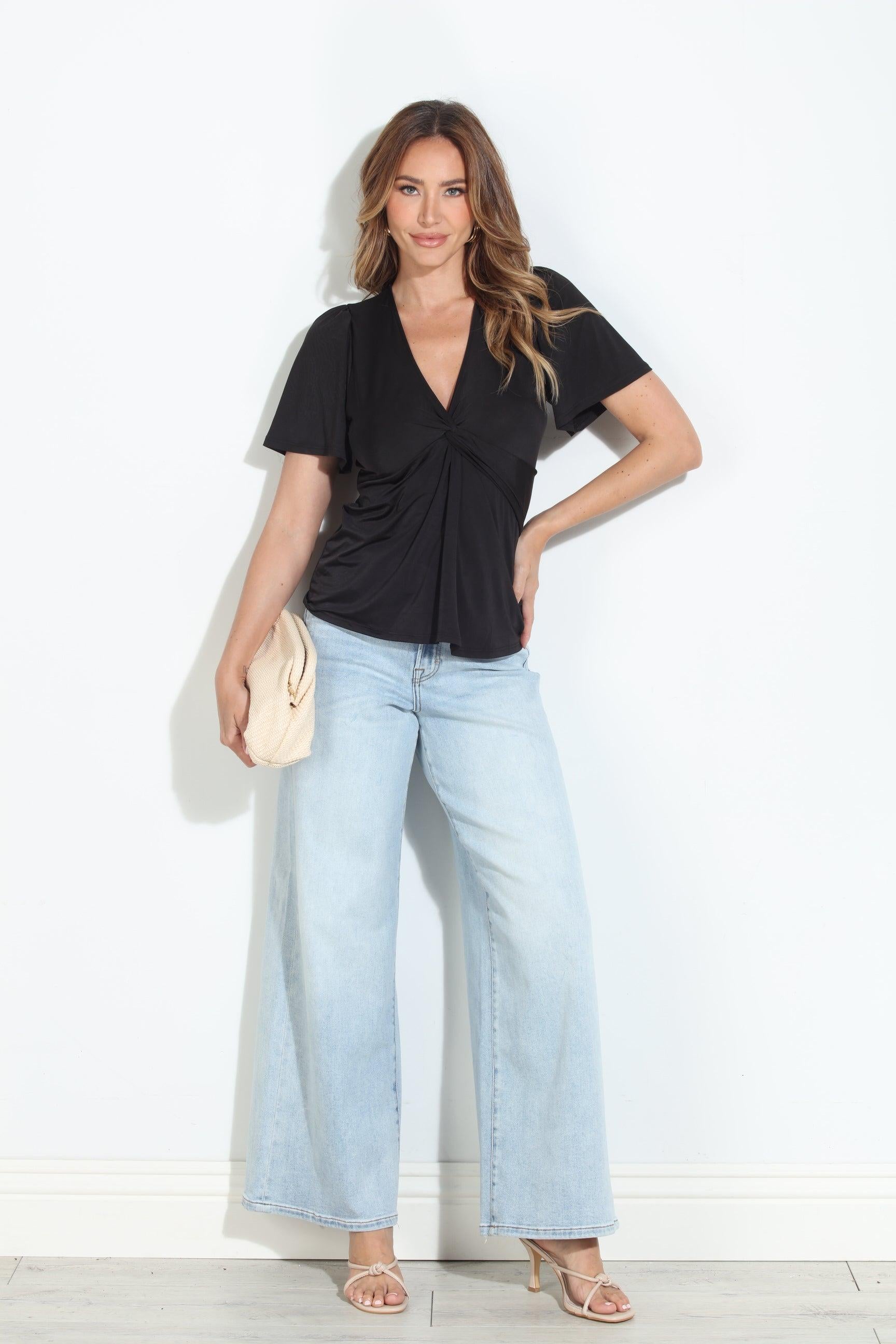 Black Venezia V-Neck Twist Tee-BEST SELLER