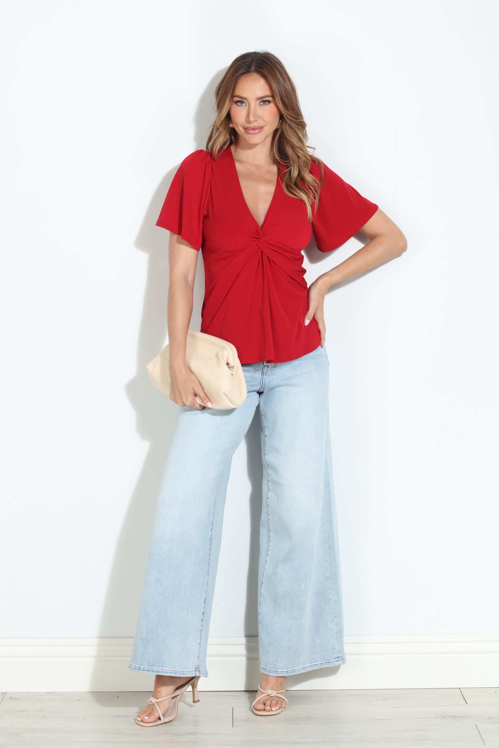True Red V-Neck Twist Tee-BEST SELLER