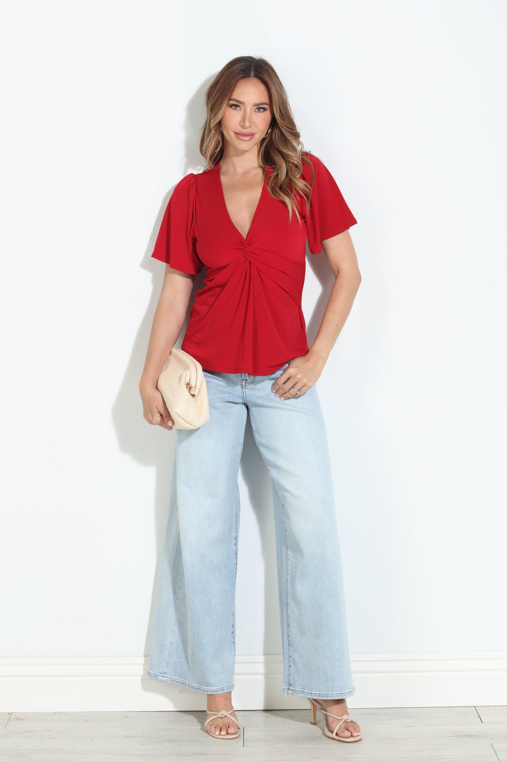 True Red V-Neck Twist Tee-BEST SELLER