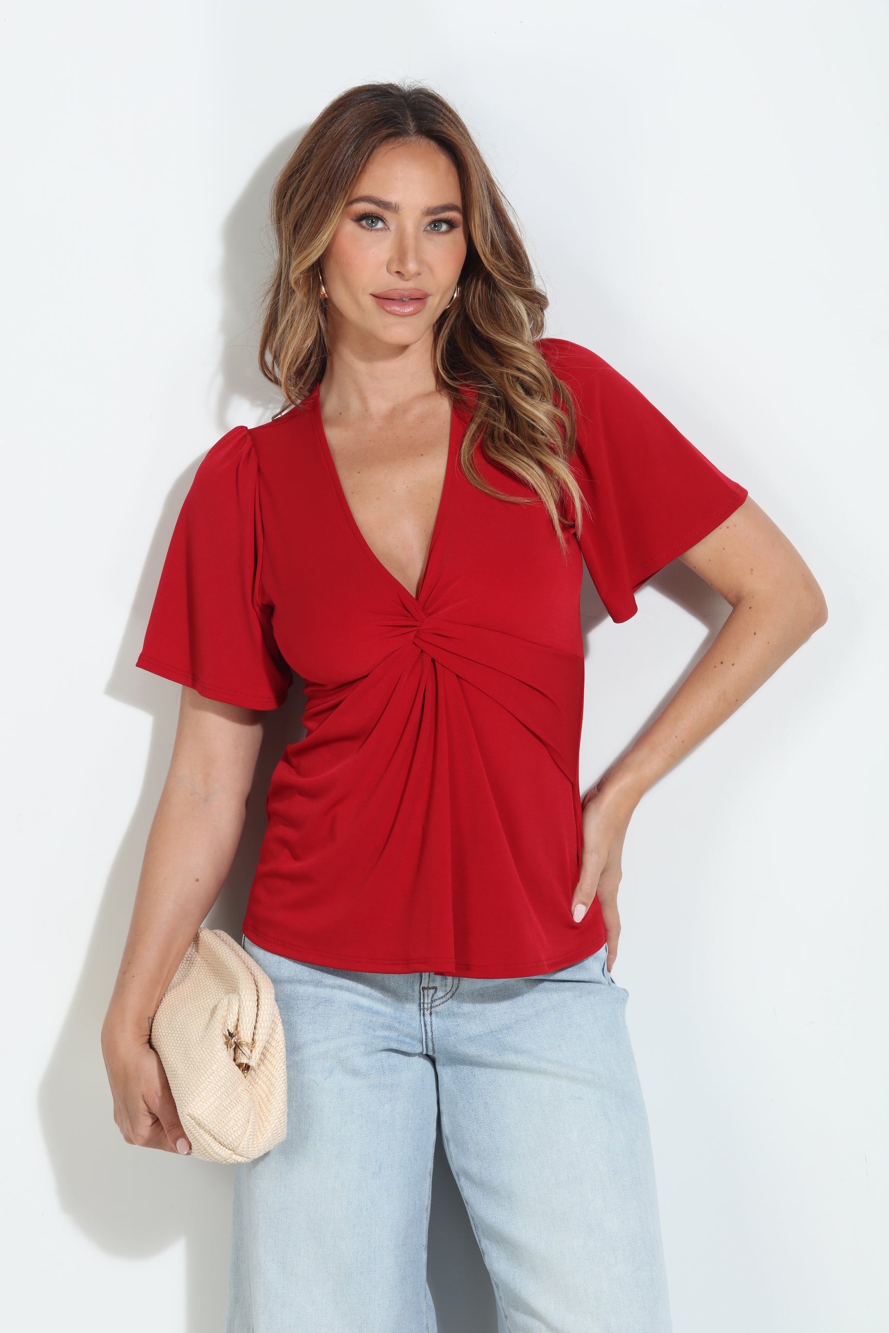 True Red V-Neck Twist Tee-BEST SELLER