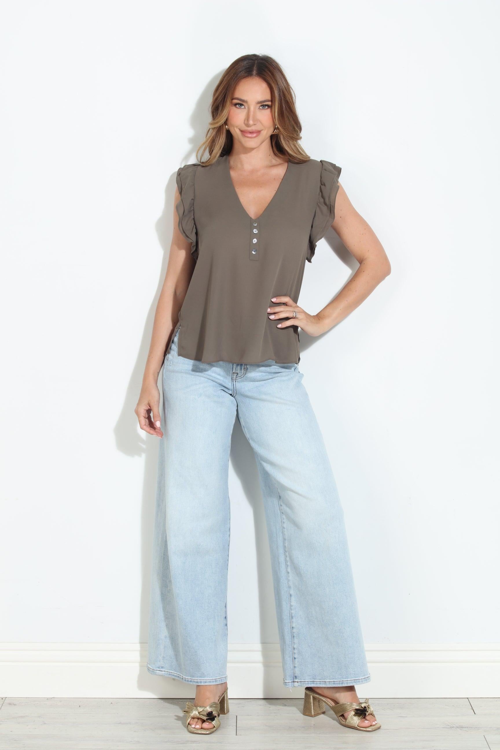 Olive V-Neck Ruffle Blouse