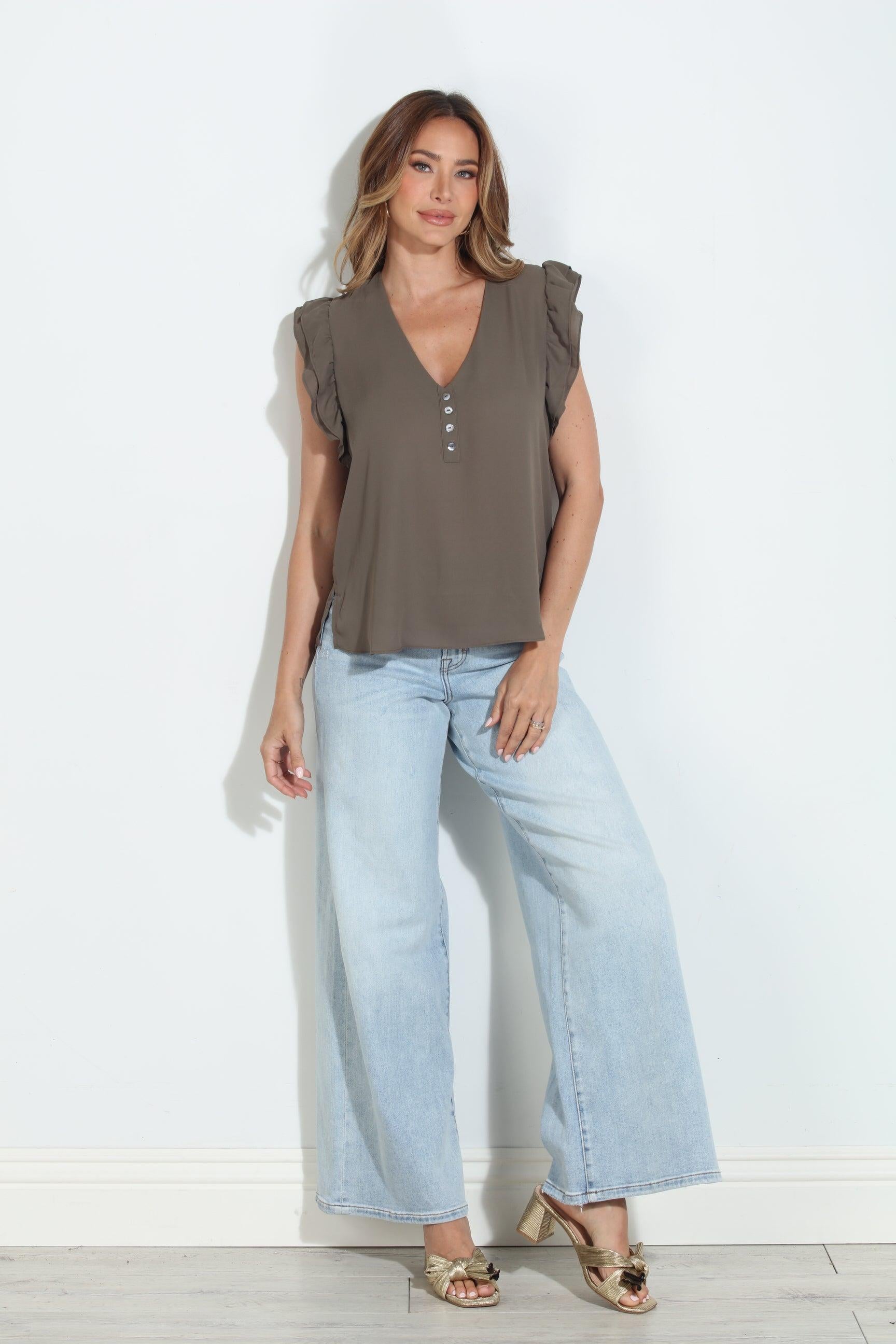 Olive V-Neck Ruffle Blouse