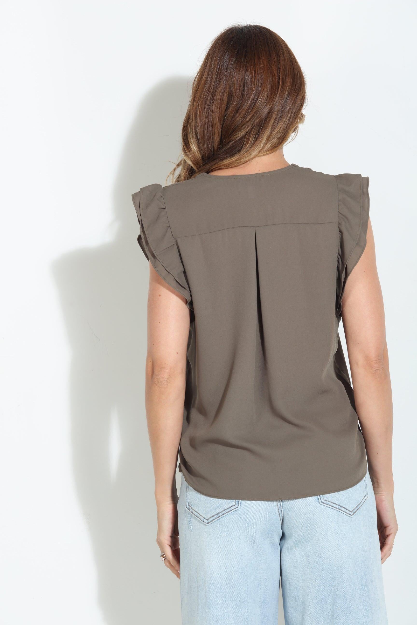 Olive V-Neck Ruffle Blouse