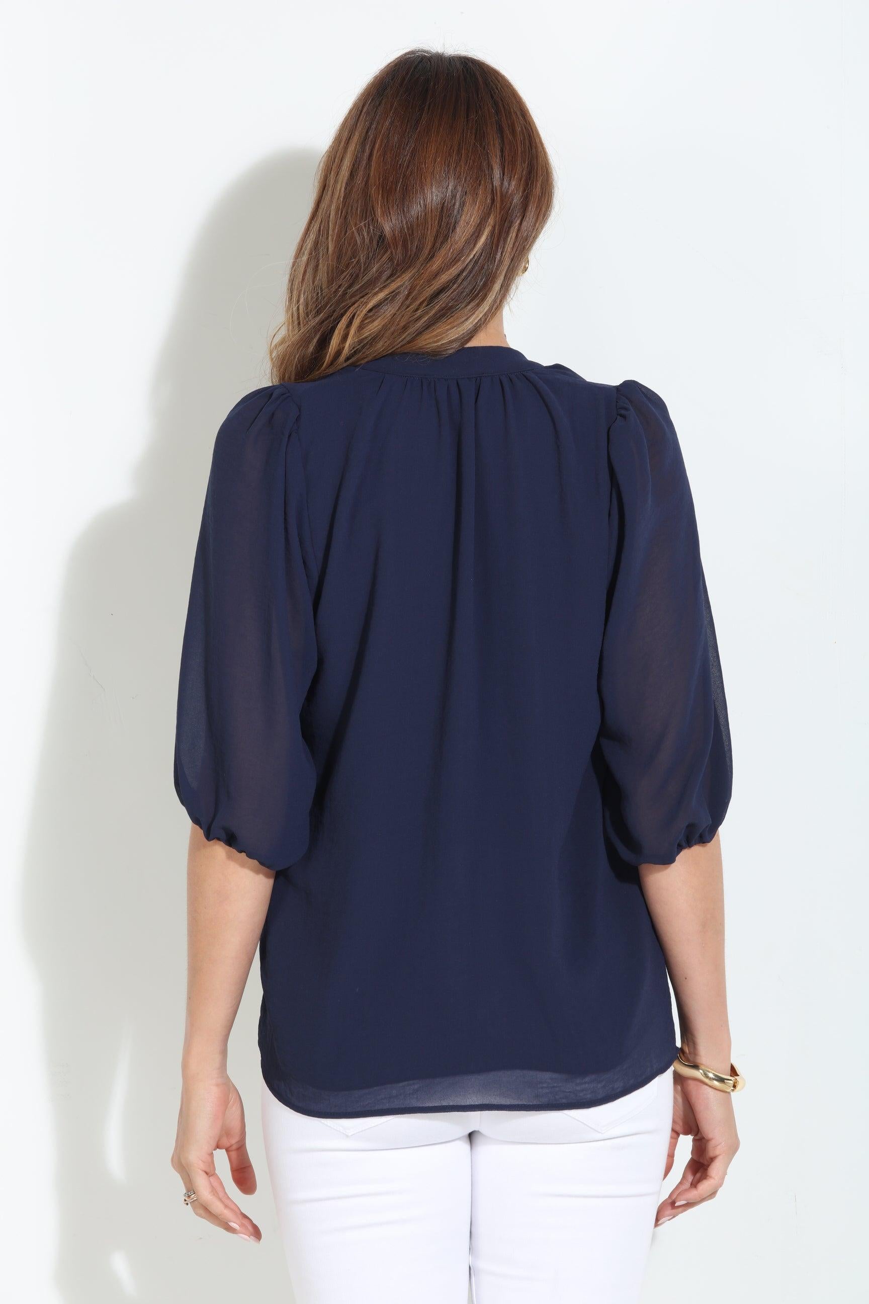 Navy Split-Neck Blouse-BEST SELLER