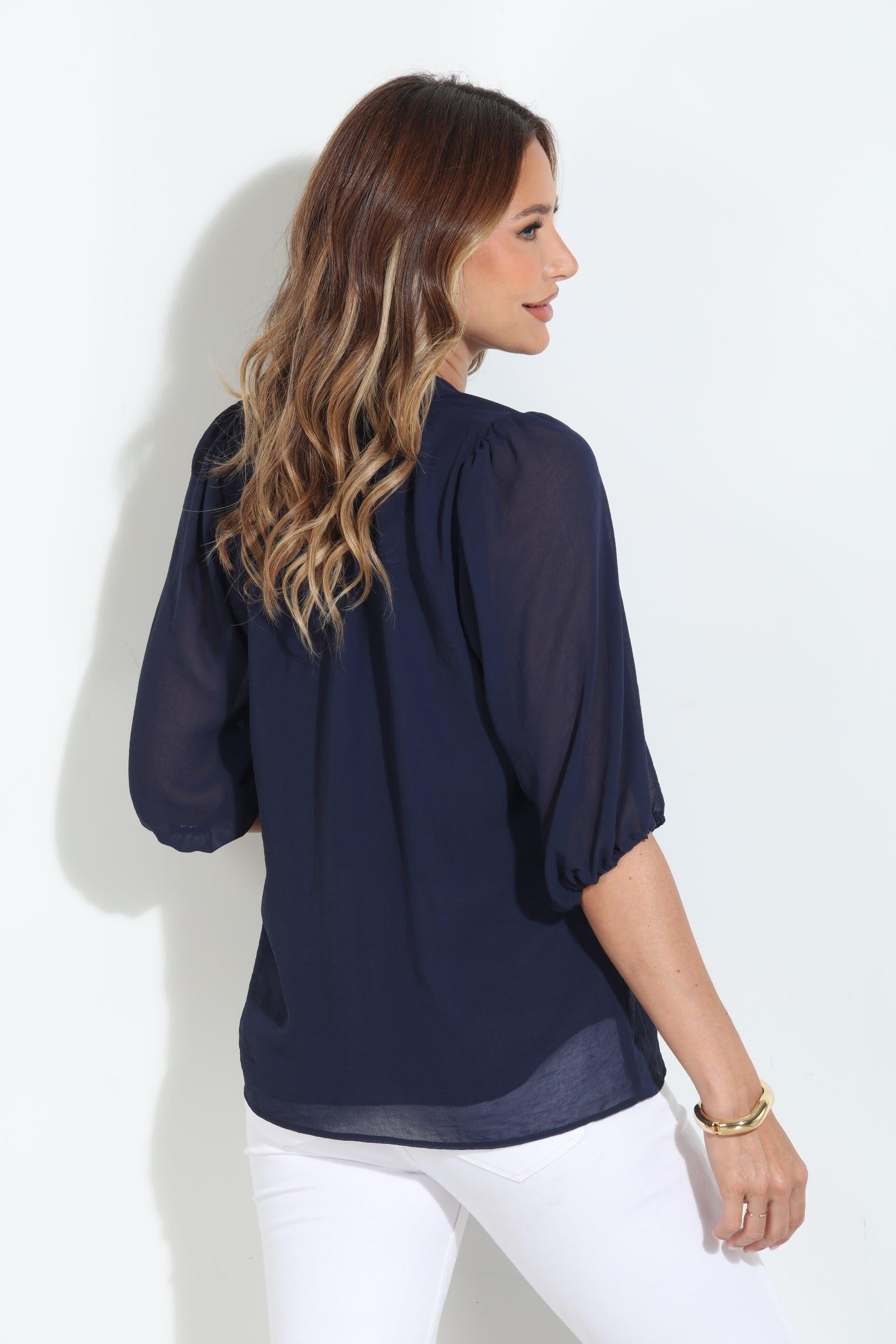 Navy Split-Neck Blouse-BEST SELLER
