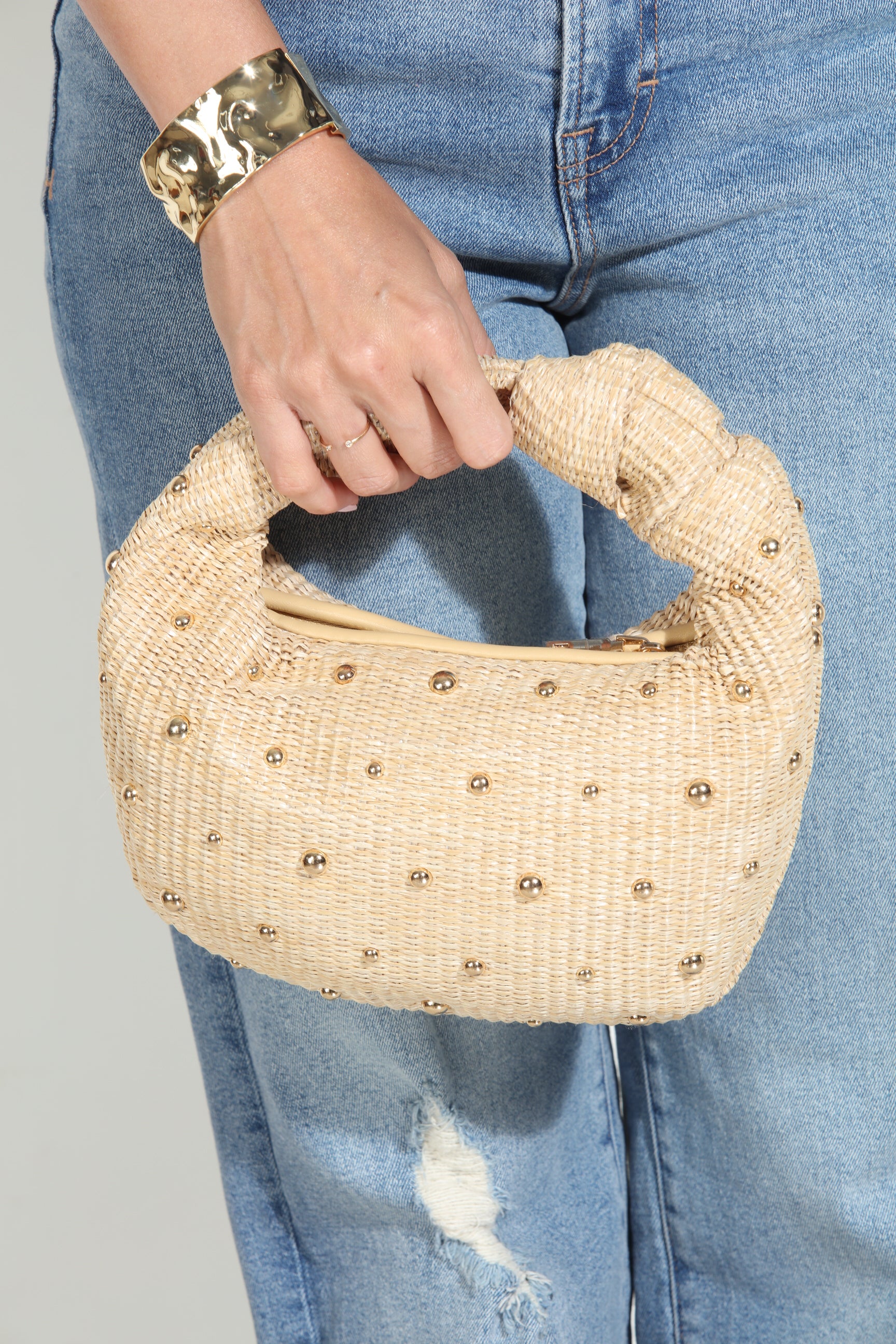 Addison Studded Straw Handbag