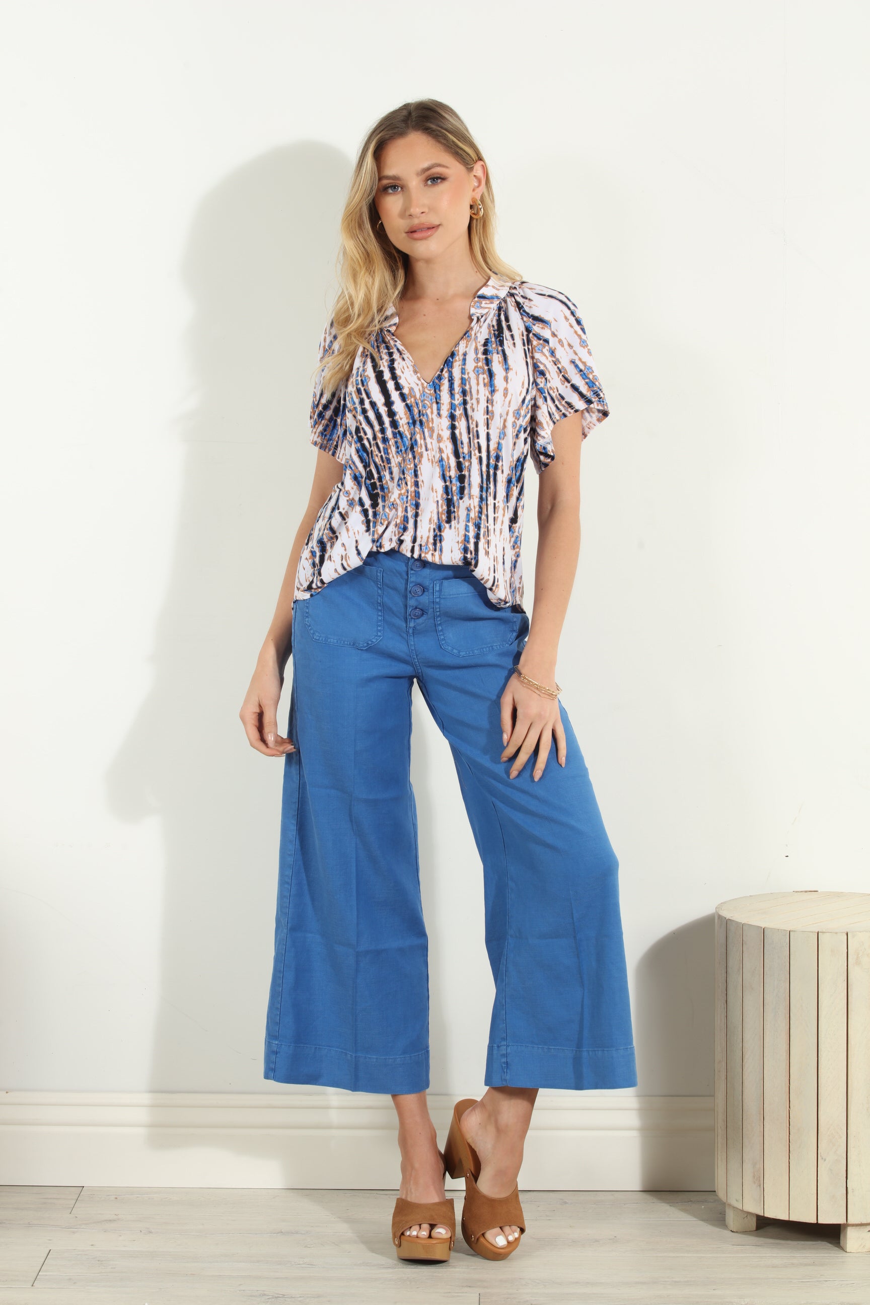 Reena Short Sleeve Stretch Split Neck Top