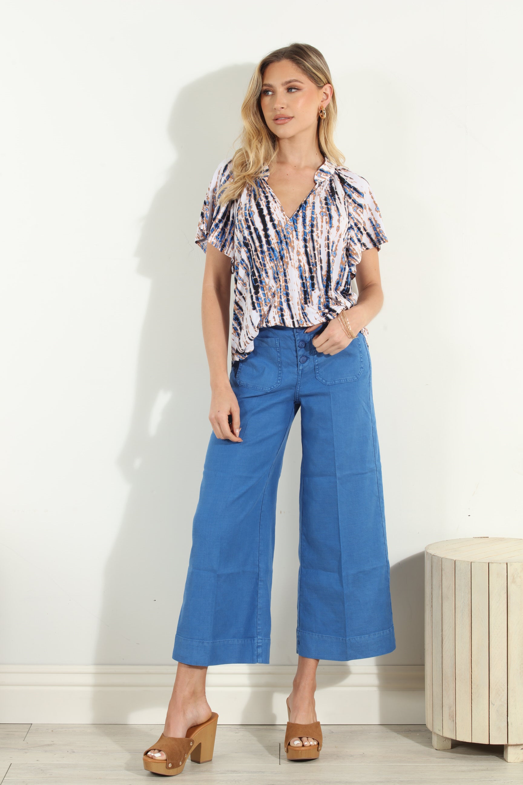 Reena Short Sleeve Stretch Split Neck Top