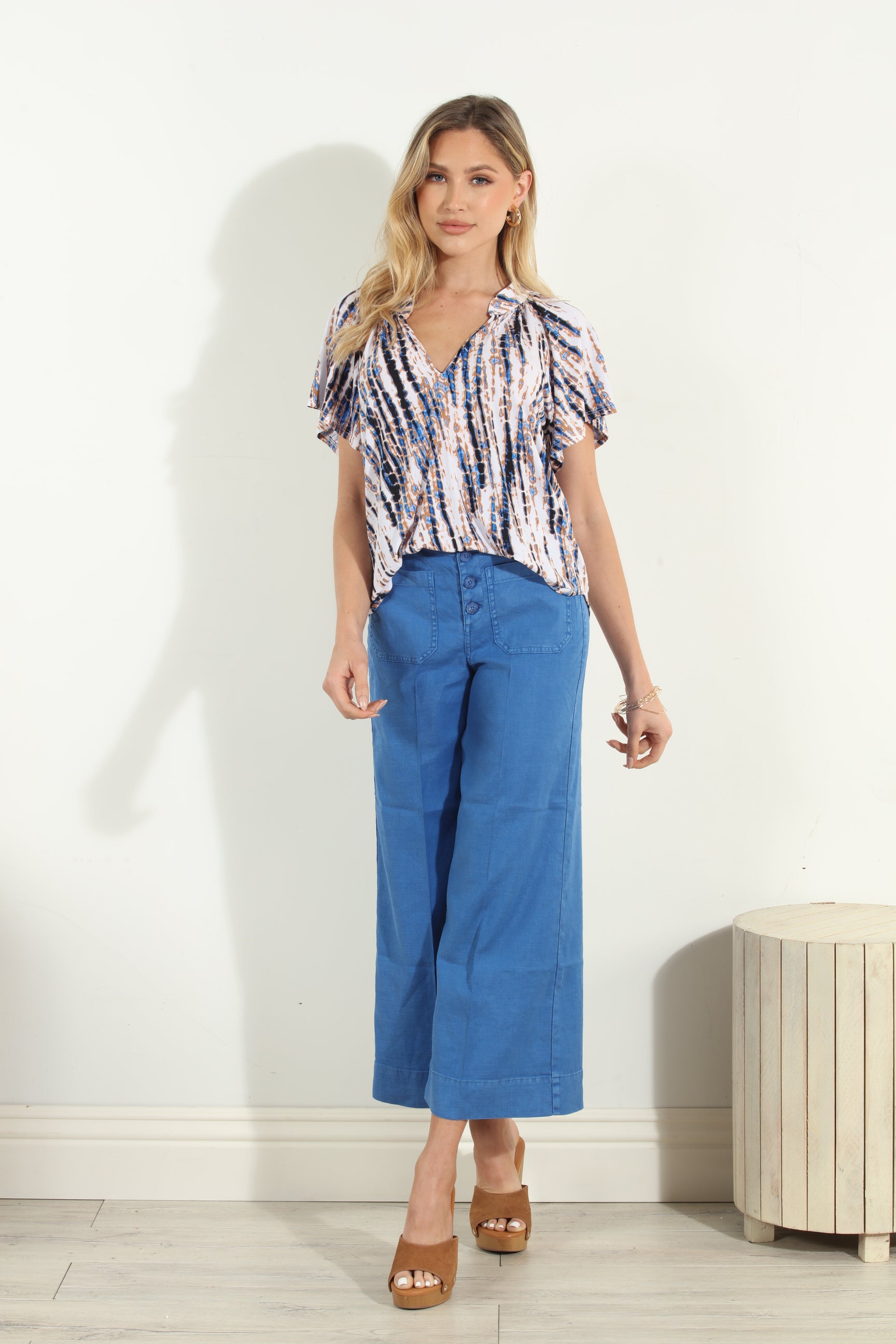 Reena Short Sleeve Stretch Split Neck Top