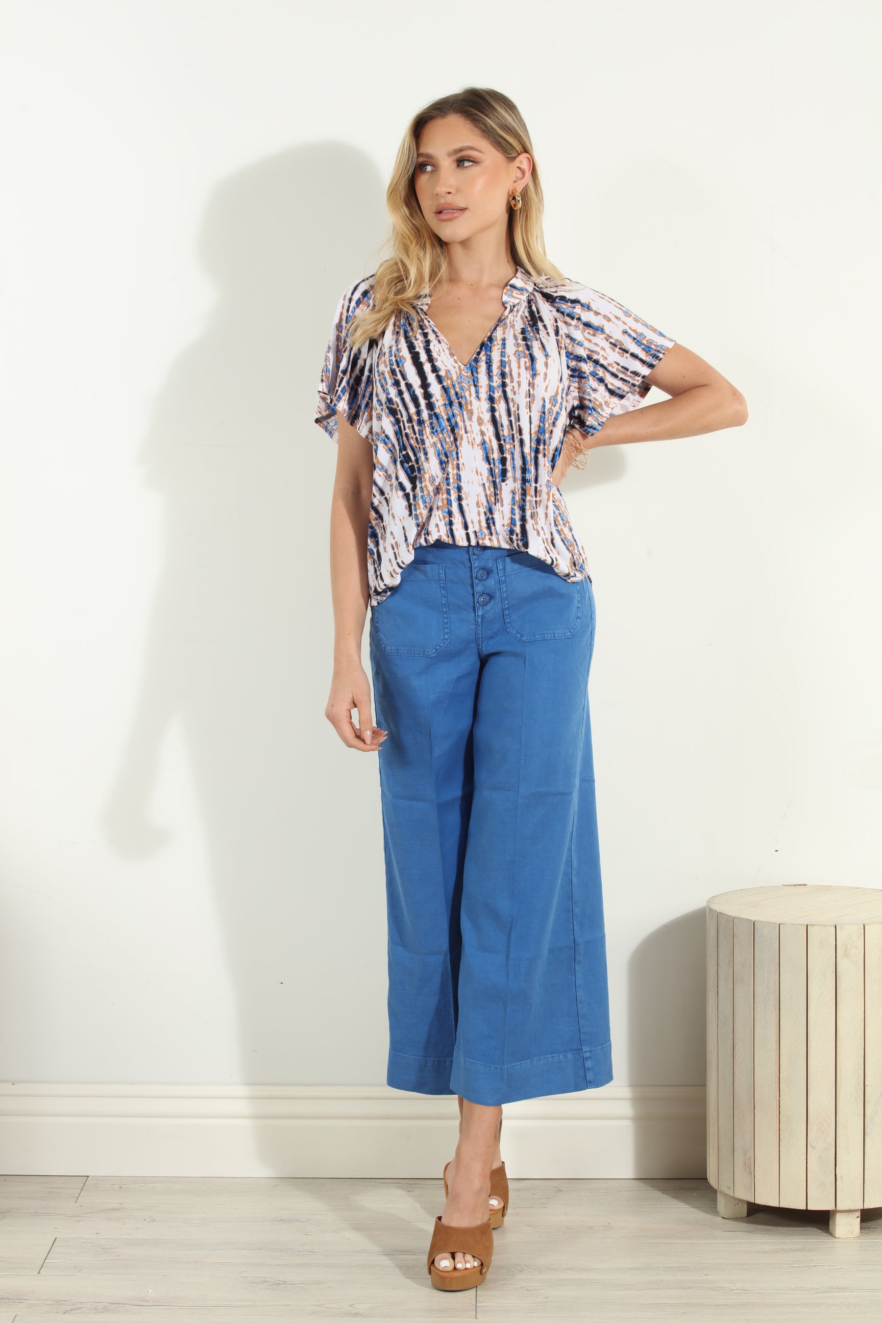 Reena Short Sleeve Stretch Split Neck Top